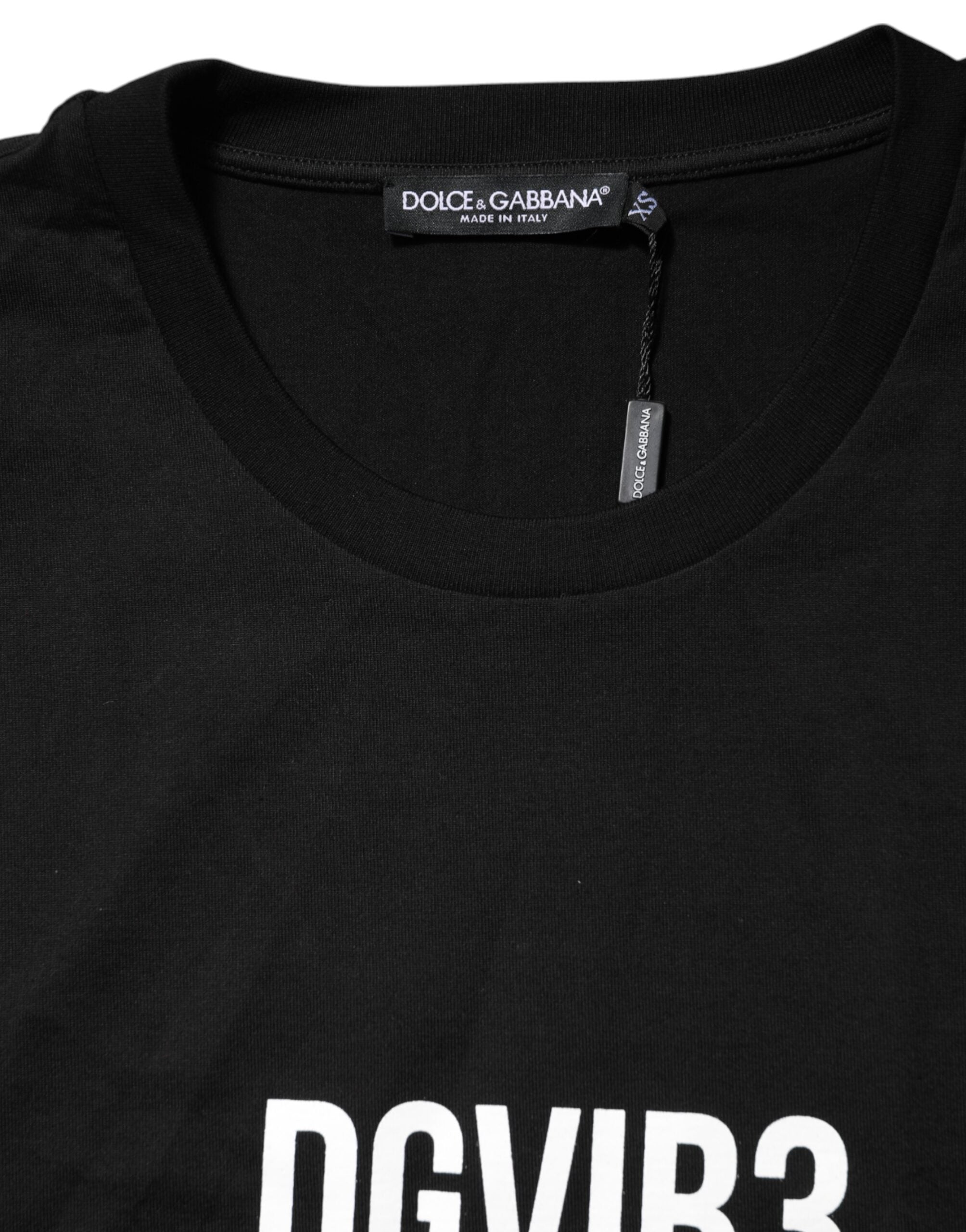 Dolce & Gabbana Schwarzes DG Vib3 Print Baumwoll-T-Shirt mit Rundhalsausschnitt