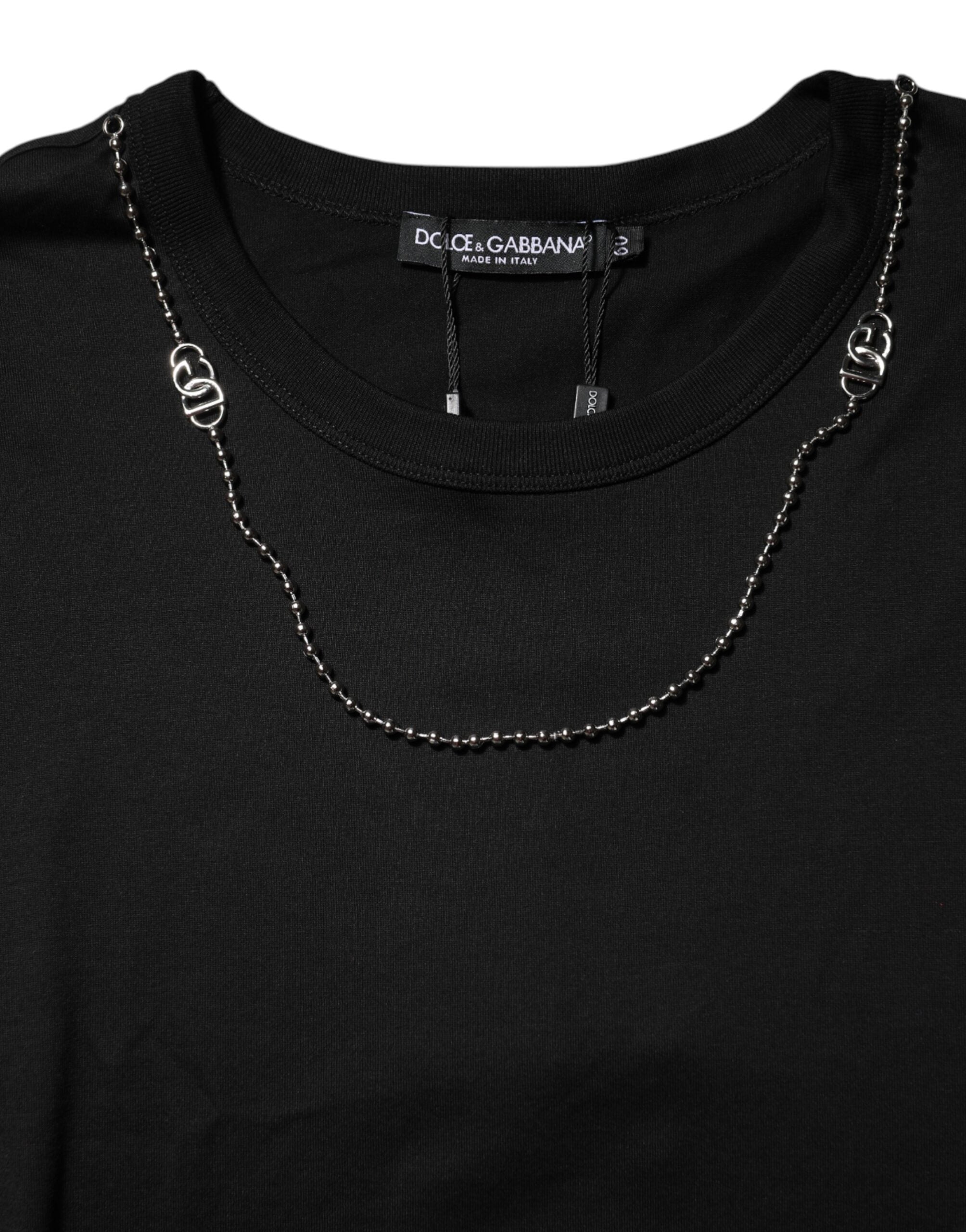 Dolce & Gabbana Black Cotton Crew Neck Chain T-Shirt