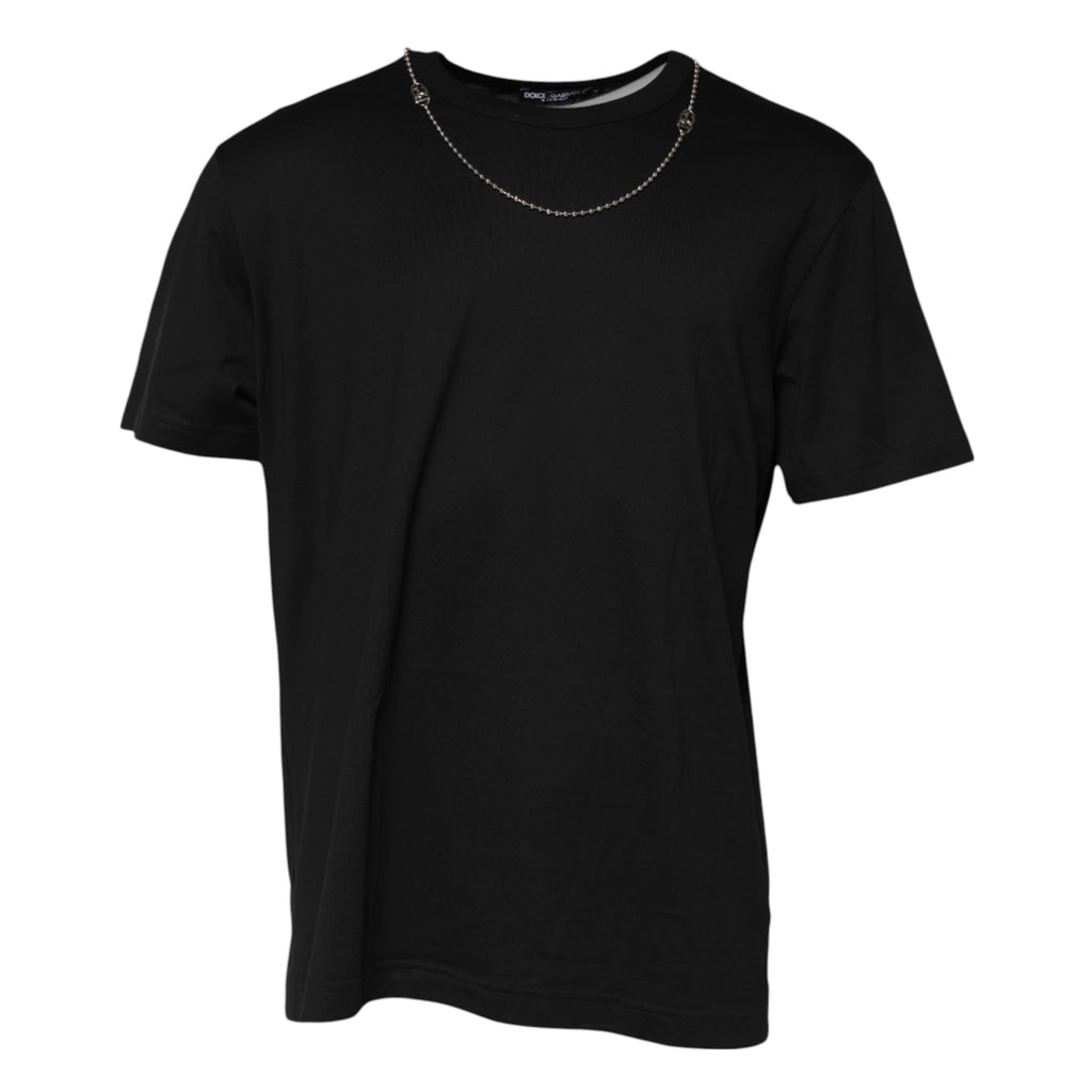 Dolce & Gabbana Black Cotton Crew Neck Chain T-Shirt