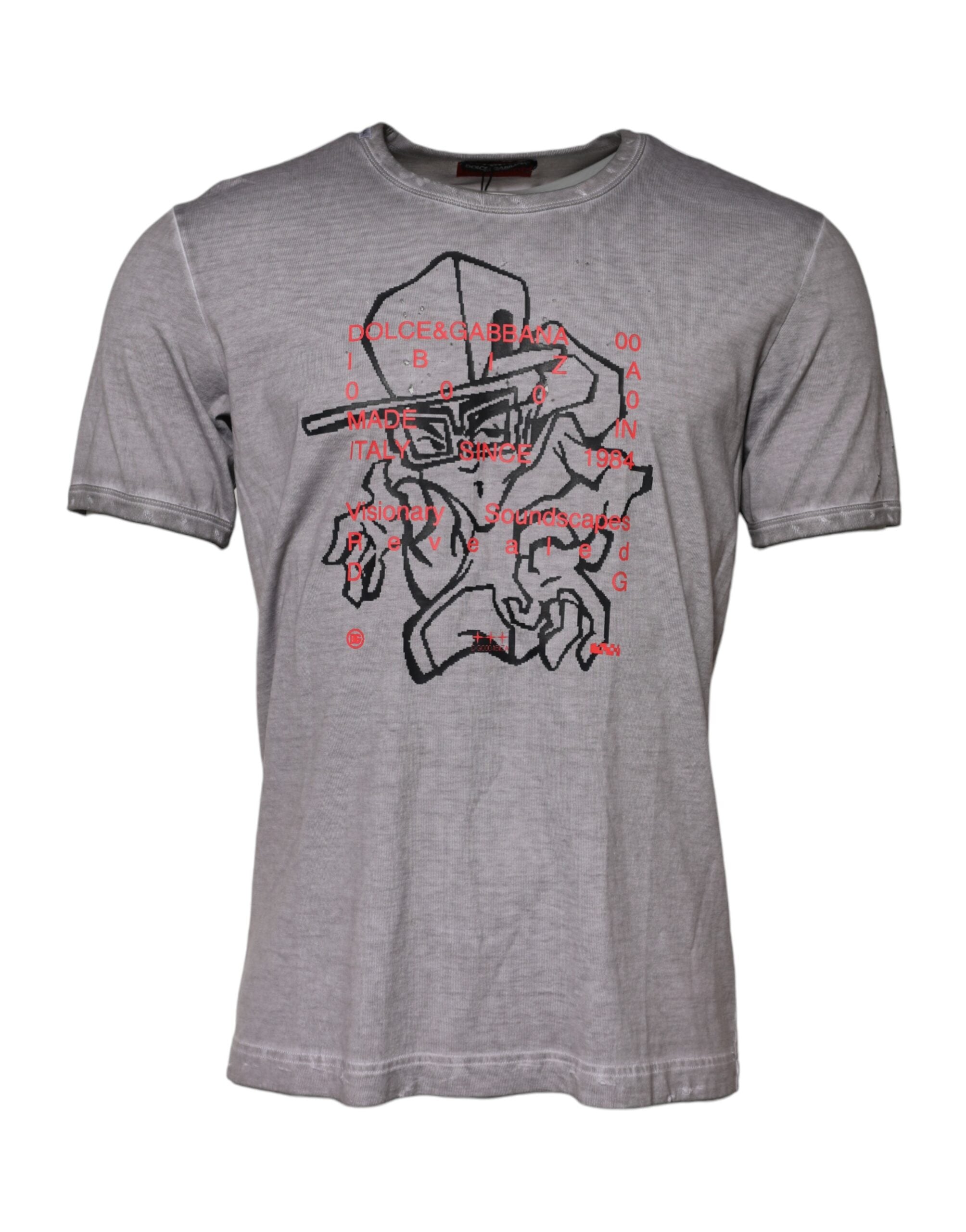 Dolce & Gabbana Grey Cotton Graphic Print Crew Neck T-Shirt