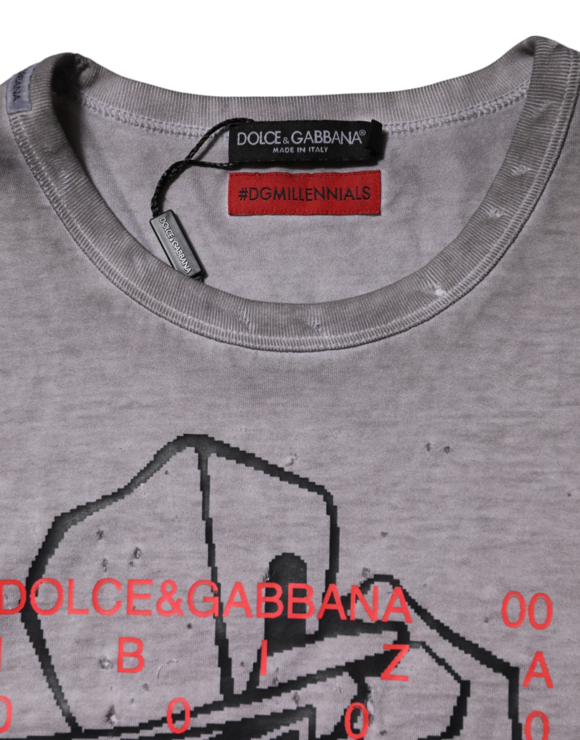 Dolce & Gabbana Grey Cotton Graphic Print Crew Neck T-Shirt