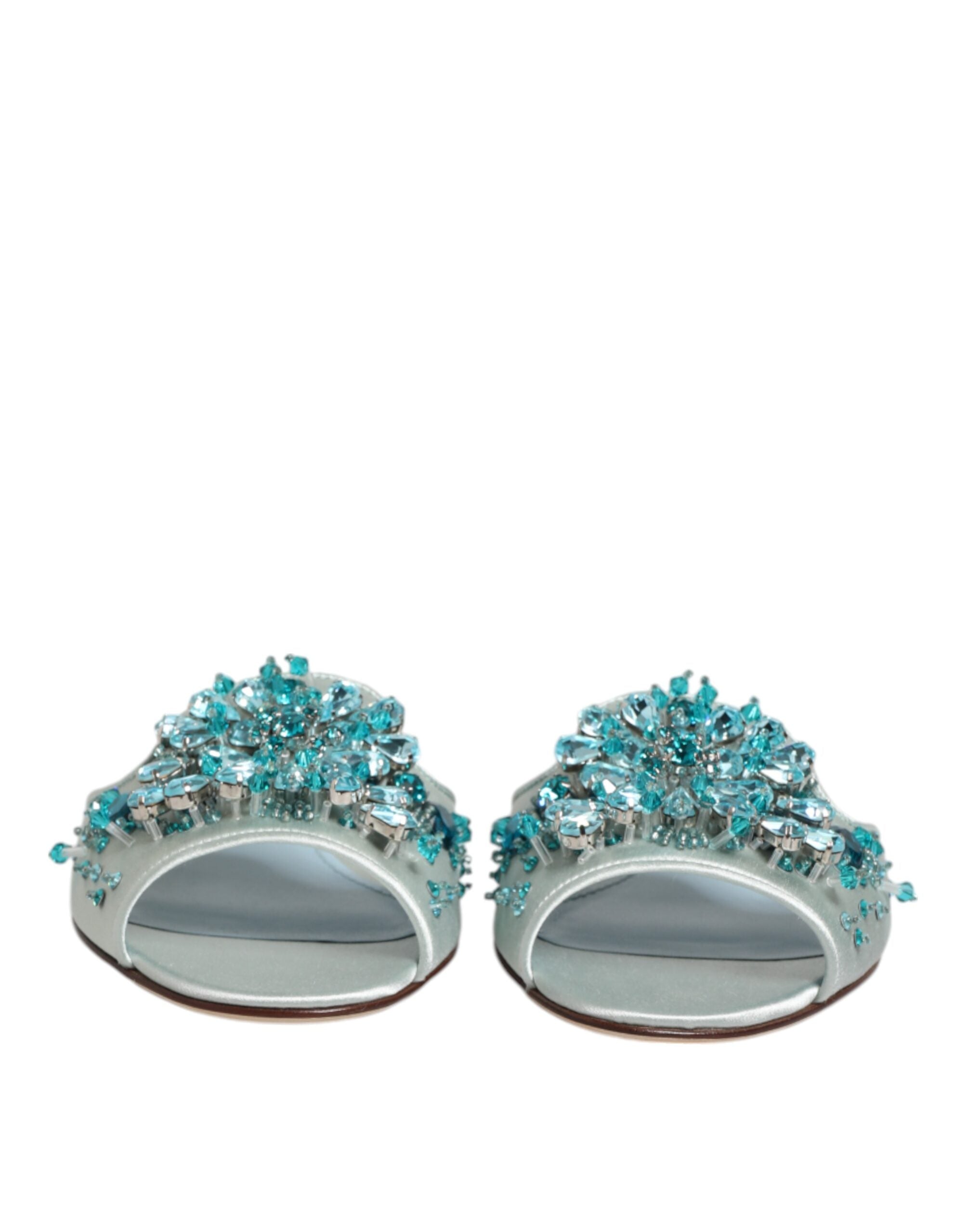 Dolce & Gabbana Silver Blue Leather Pearl Embellished Slide Shoes