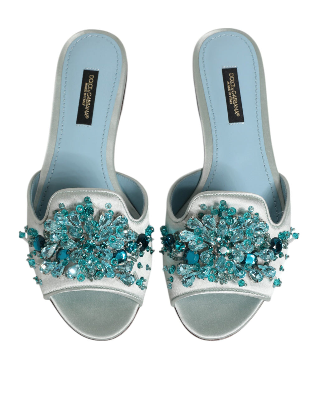 Dolce & Gabbana Silver Blue Leather Pearl Embellished Slide Shoes