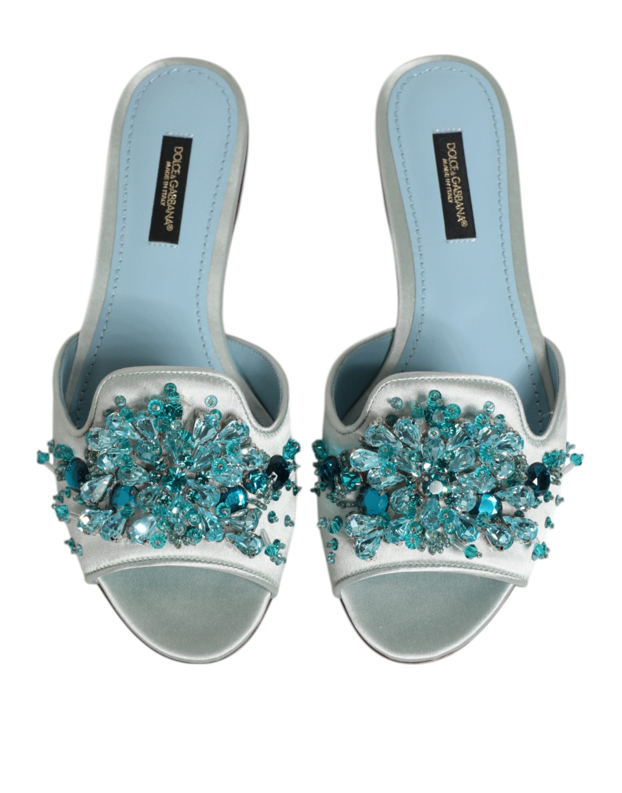 Dolce & Gabbana Silver Blue Leather Pearl Embellished Slide Shoes