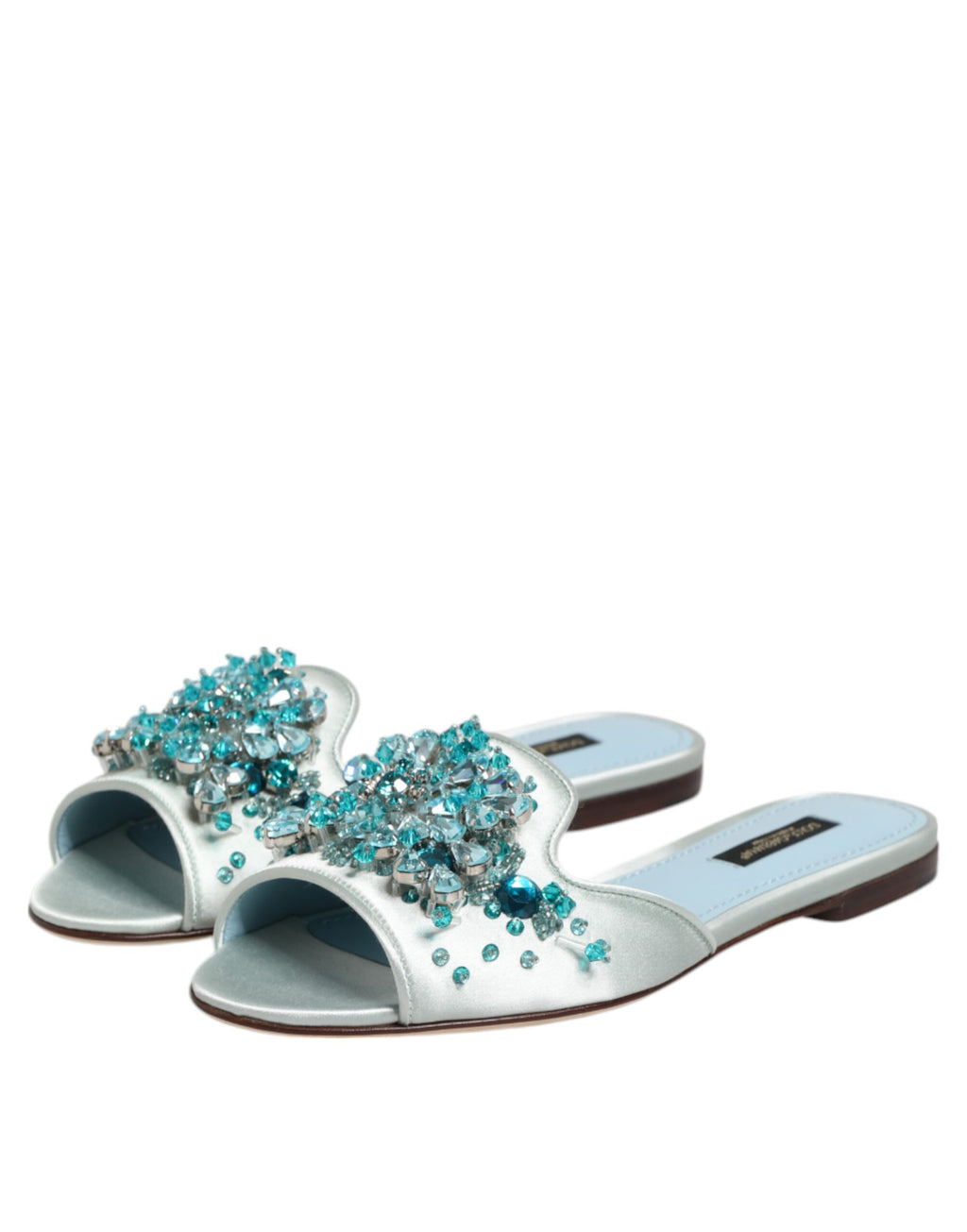 Dolce & Gabbana Silver Blue Leather Pearl Embellished Slide Shoes