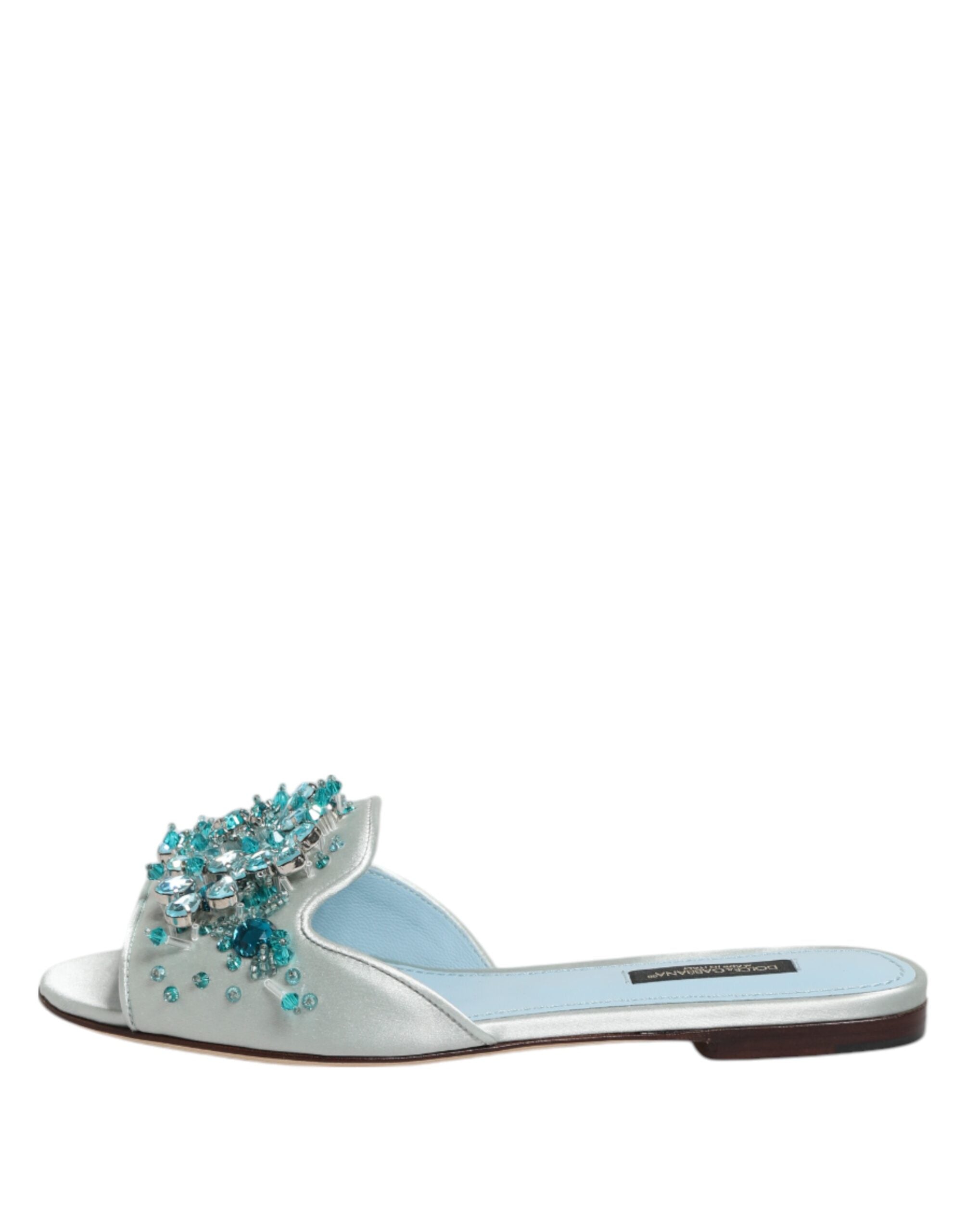 Dolce & Gabbana Silver Blue Leather Pearl Embellished Slide Shoes