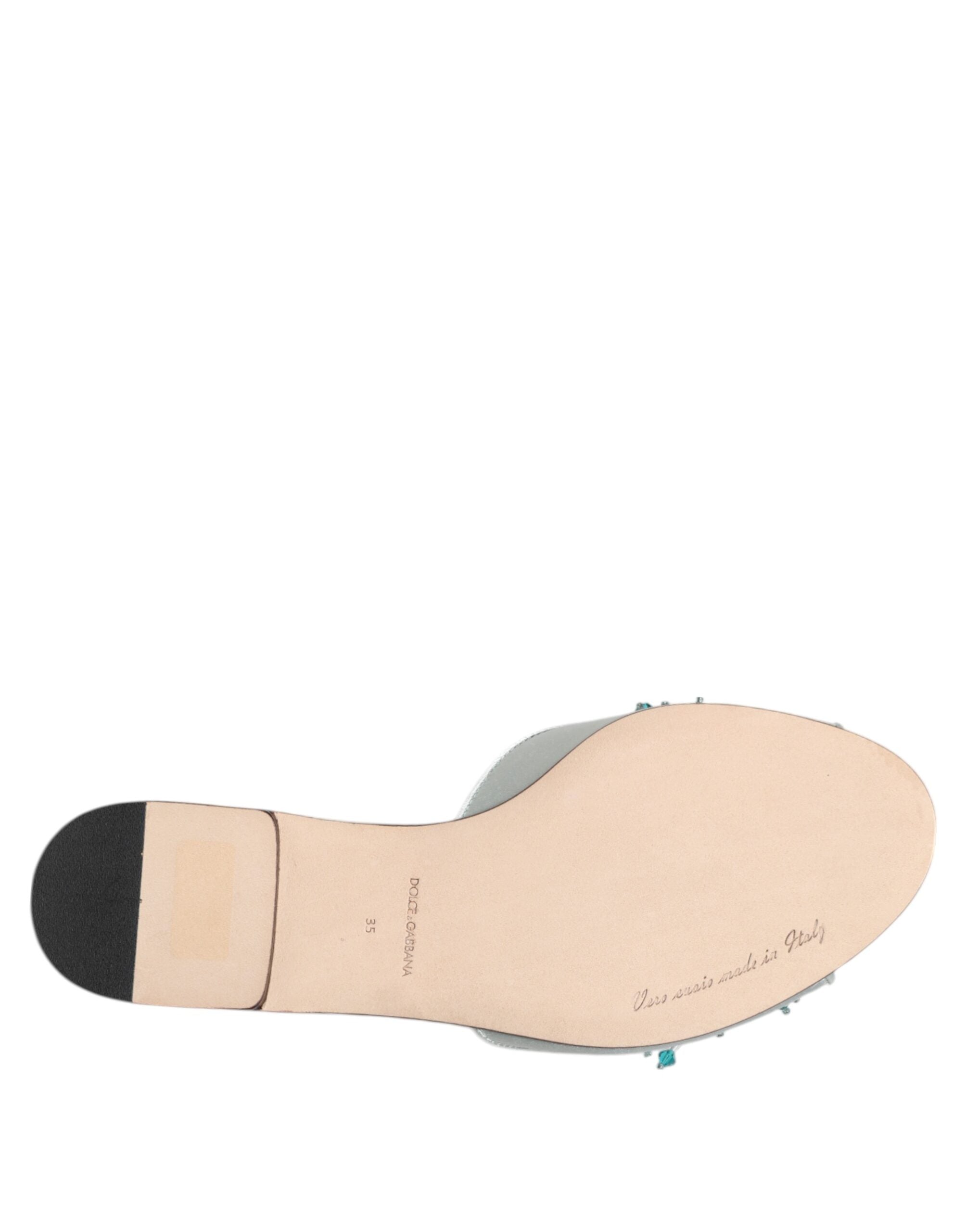 Dolce & Gabbana Silver Blue Leather Pearl Embellished Slide Shoes