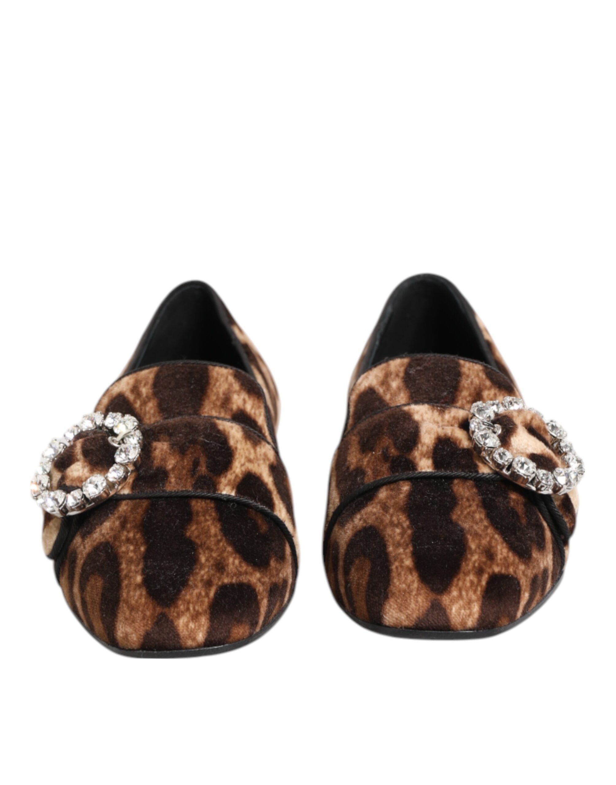 Dolce & Gabbana Brown Leopard Print Crystal Loafers Flats Shoes