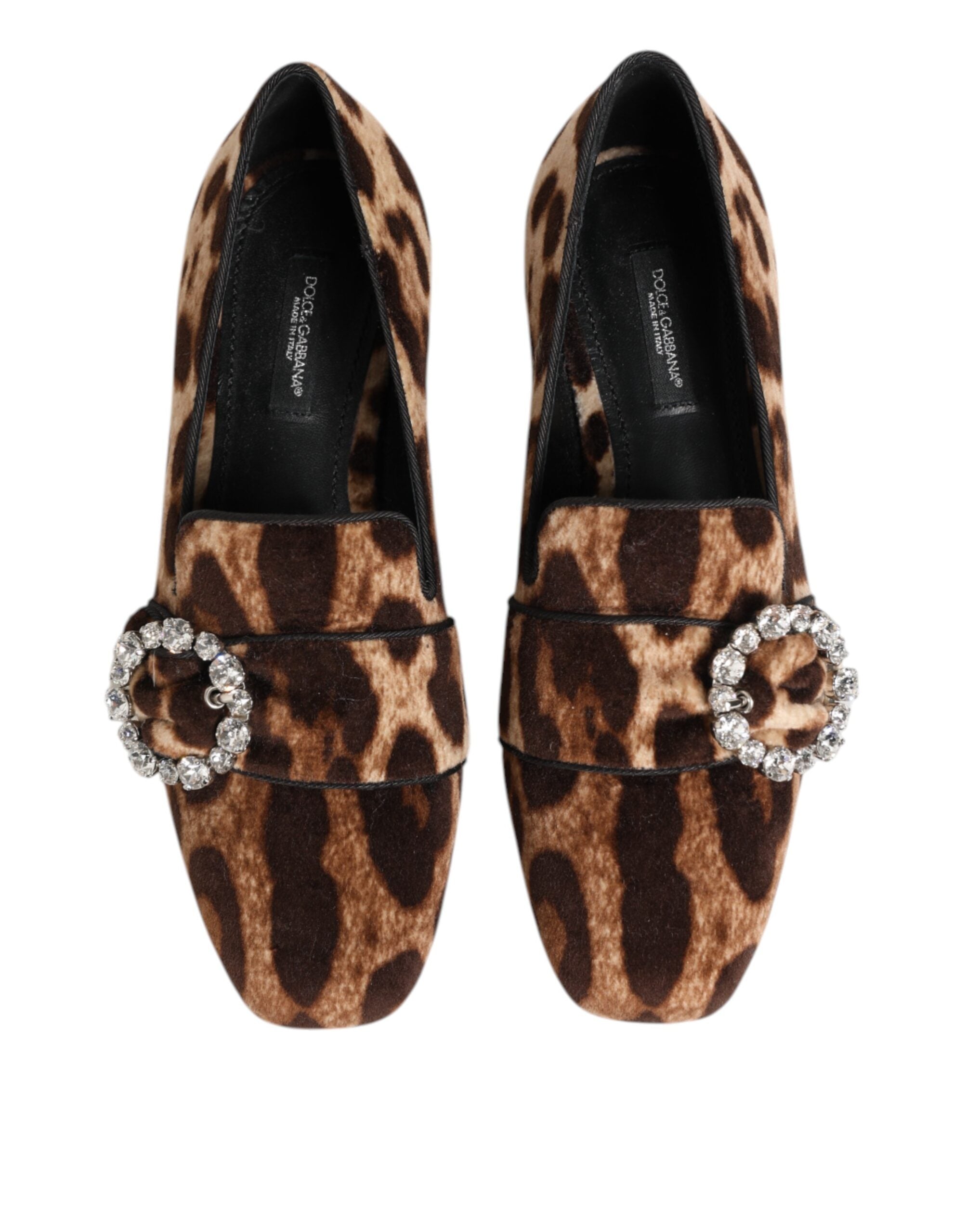Dolce & Gabbana Brown Leopard Print Crystal Loafers Flats Shoes