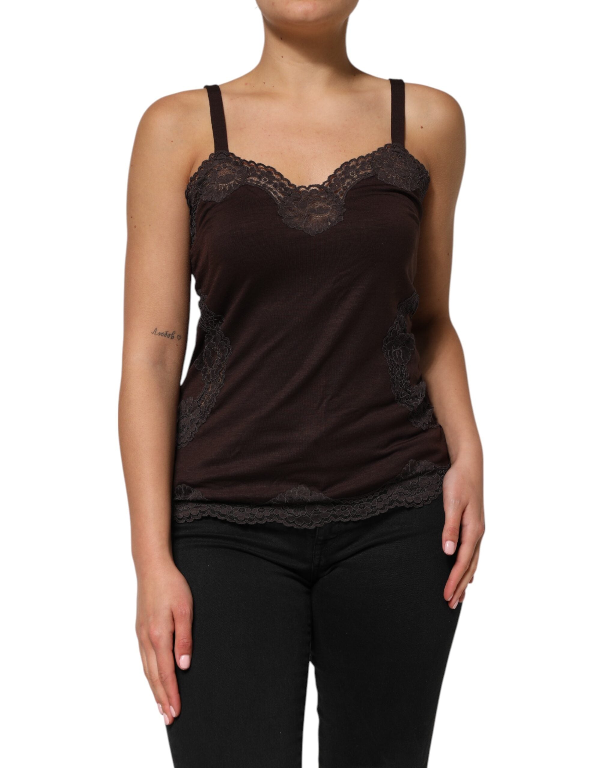 Dolce & Gabbana Dark Brown Sleeveless Wool Tank Top with Lace Trim