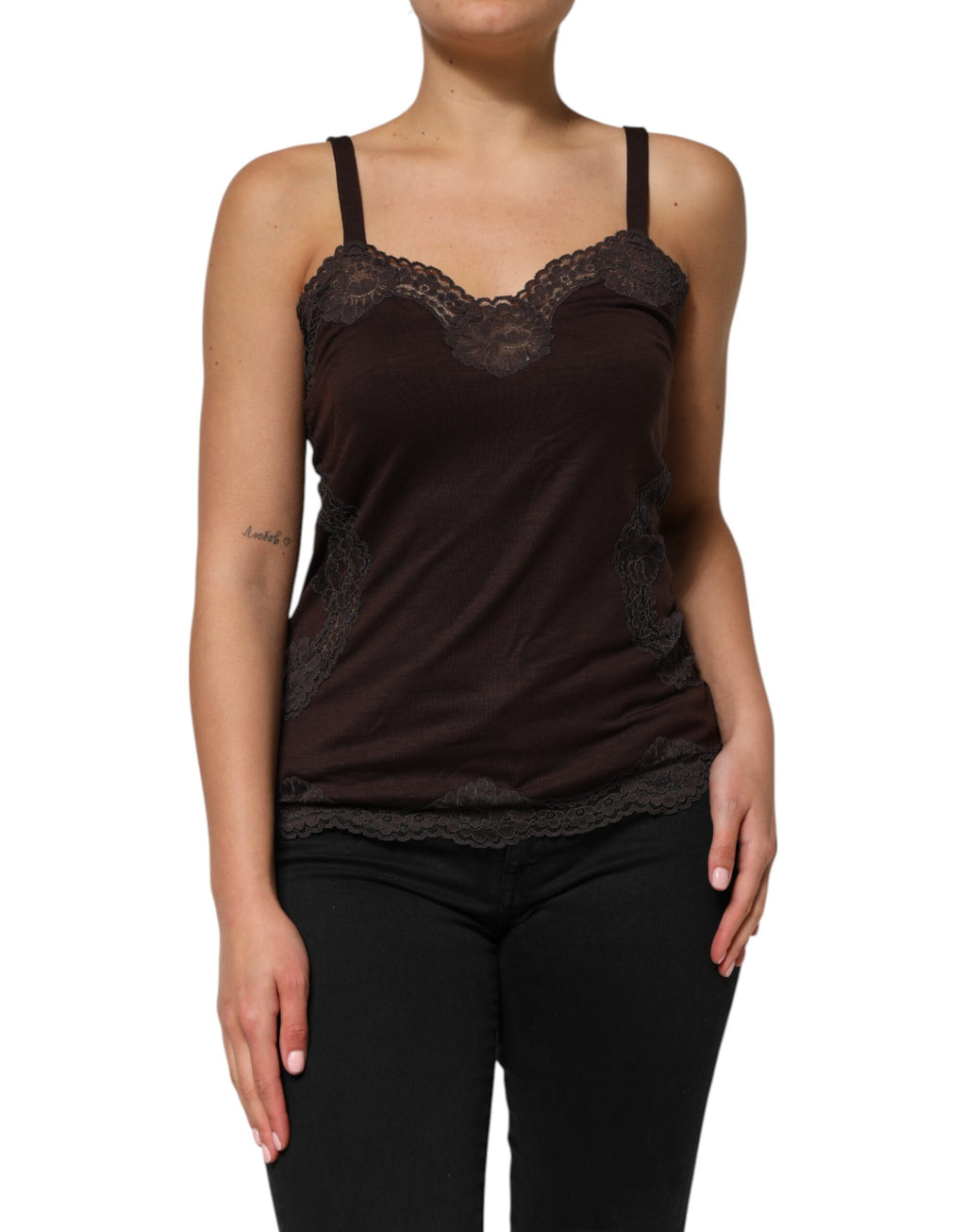 Dolce & Gabbana Dark Brown Sleeveless Wool Tank Top with Lace Trim