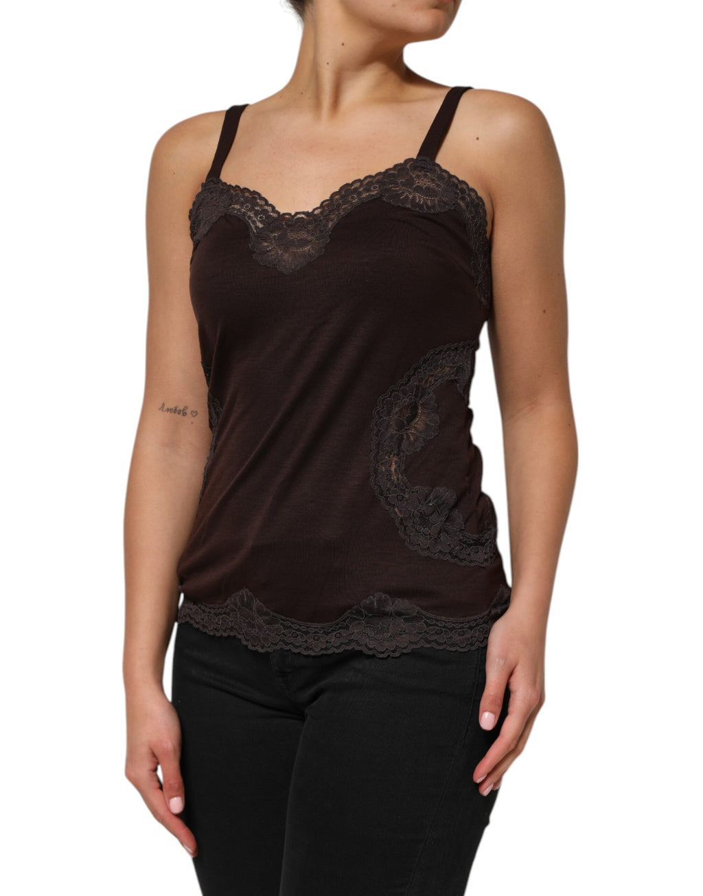 Dolce & Gabbana Dark Brown Sleeveless Wool Tank Top with Lace Trim