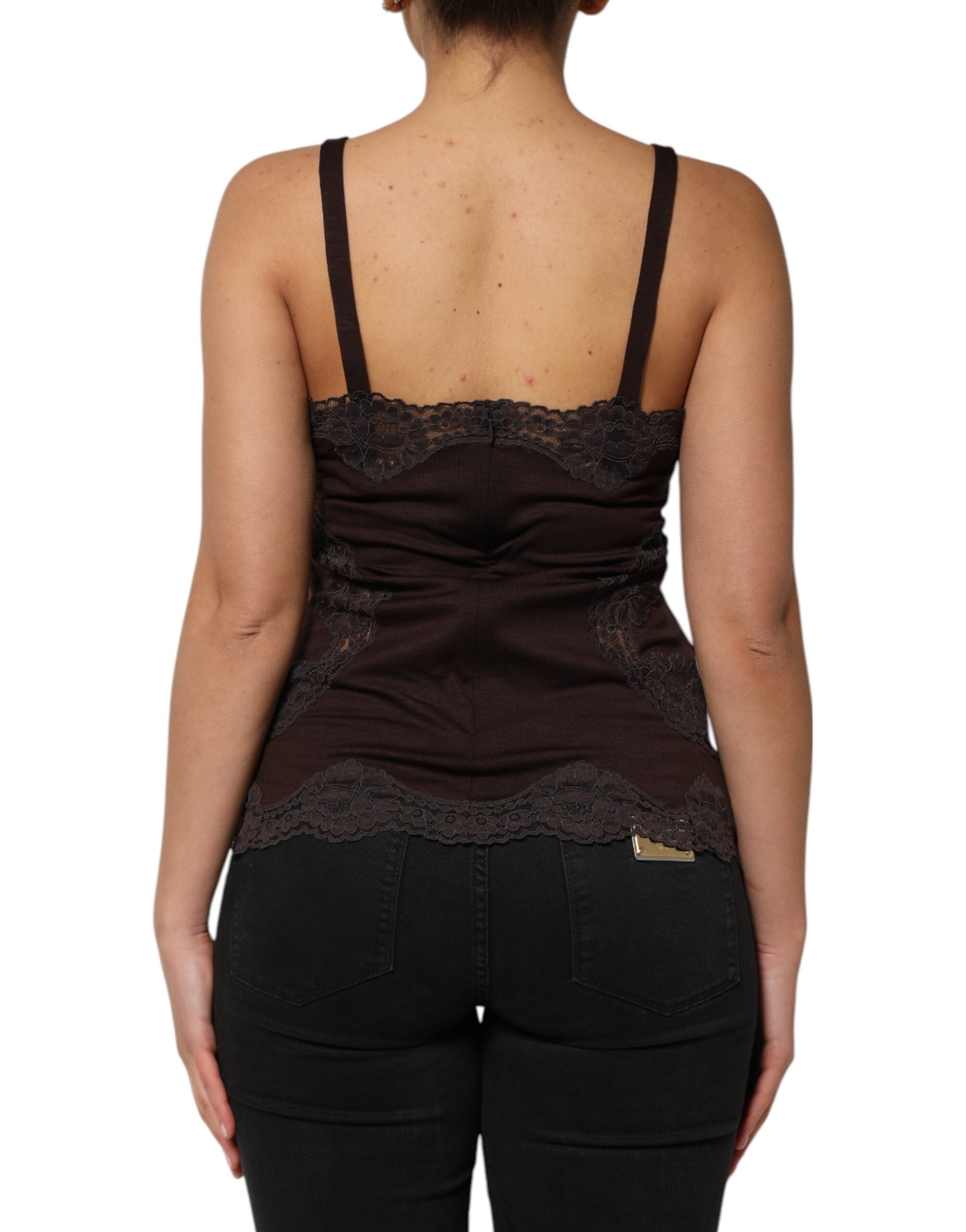 Dolce & Gabbana Dark Brown Sleeveless Wool Tank Top with Lace Trim