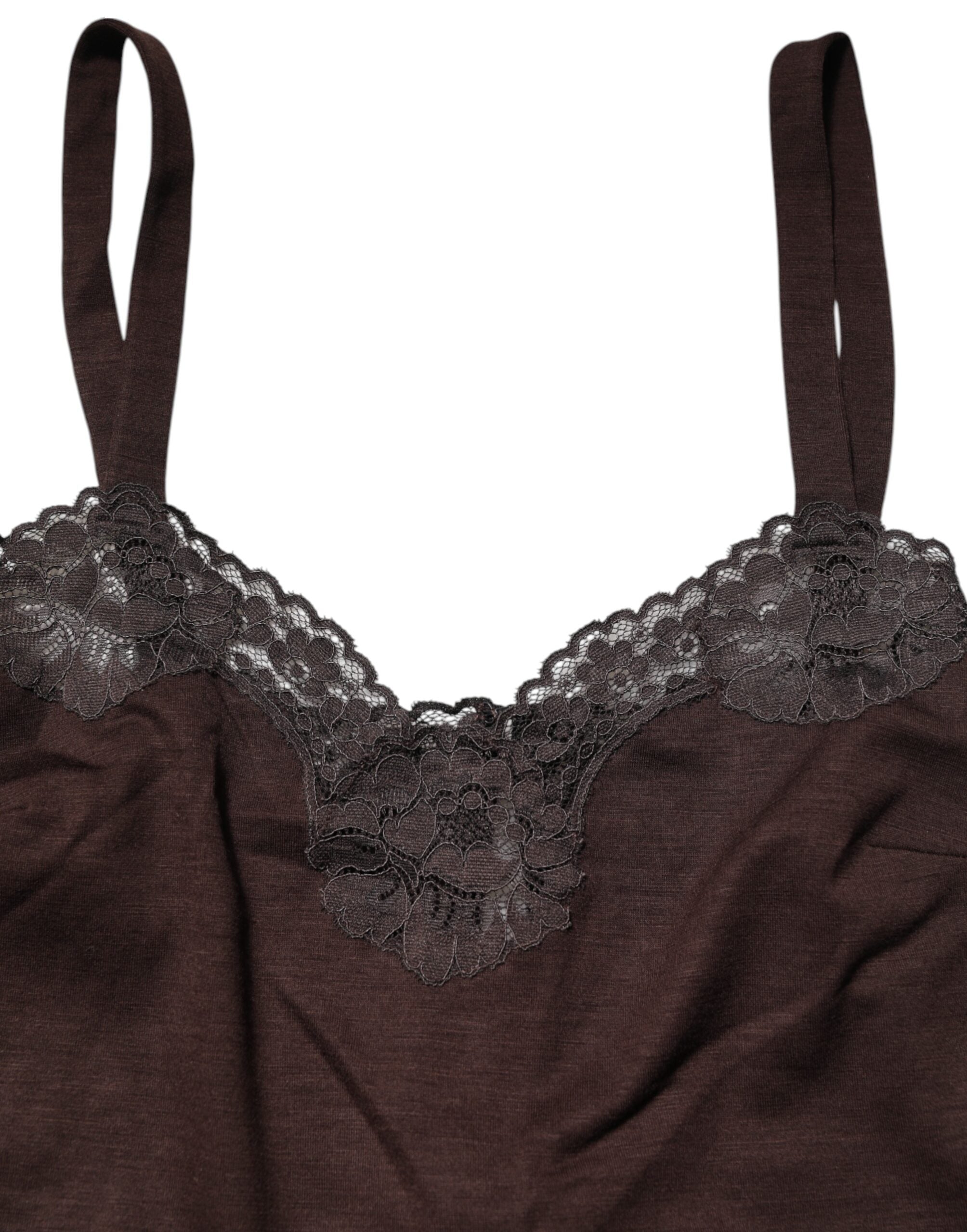 Dolce & Gabbana Dark Brown Sleeveless Wool Tank Top with Lace Trim