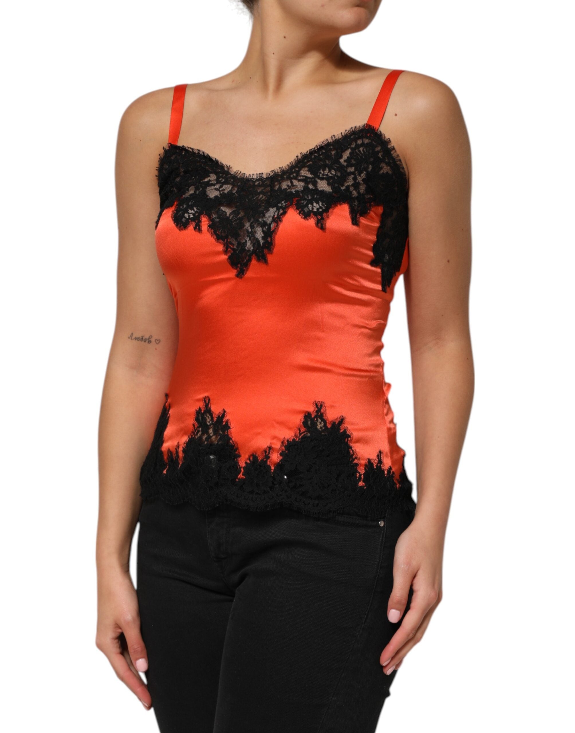 Dolce & Gabbana Red and Black Lace-Trimmed Sleeveless Silk Top