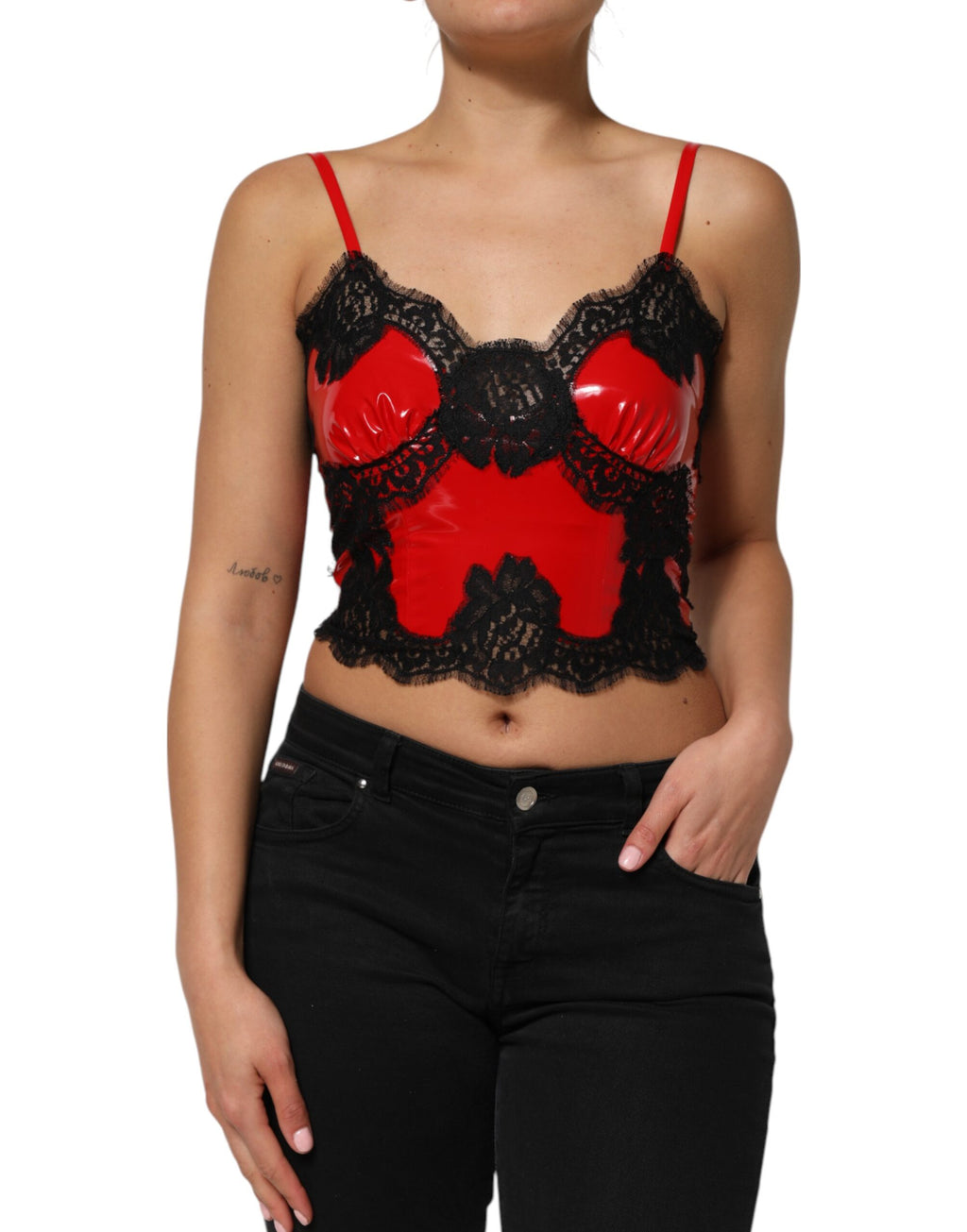Dolce & Gabbana Rotes, schwarzes, spitzenbesetztes, ärmelloses Polyester-Tanktop