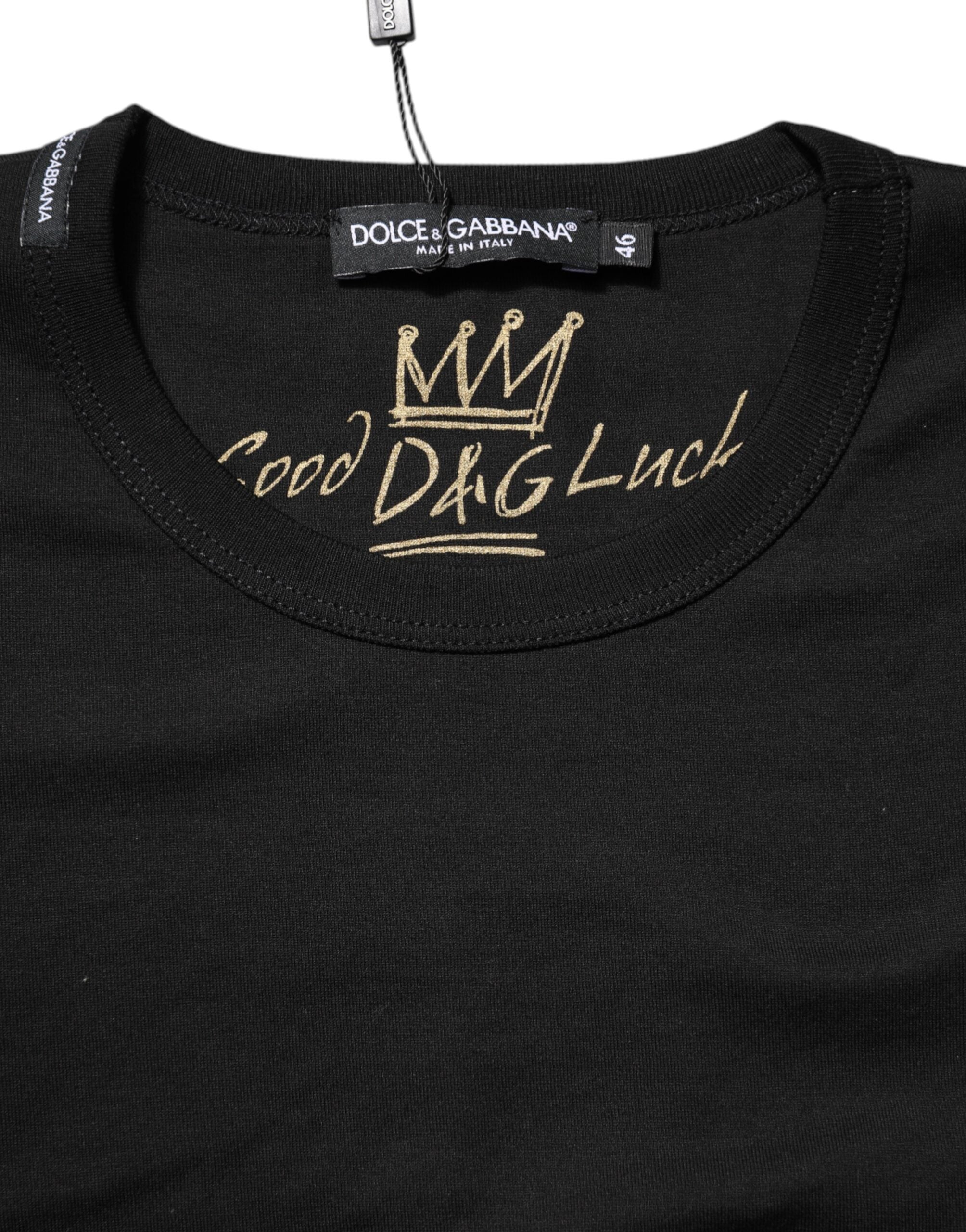 Dolce & Gabbana Black Cotton Goodluck Tee Crew Neck T-Shirt