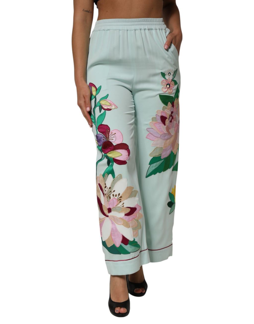 Dolce & Gabbana Grüne, geblümte, gerade Pyjamahose mit Strumpfband