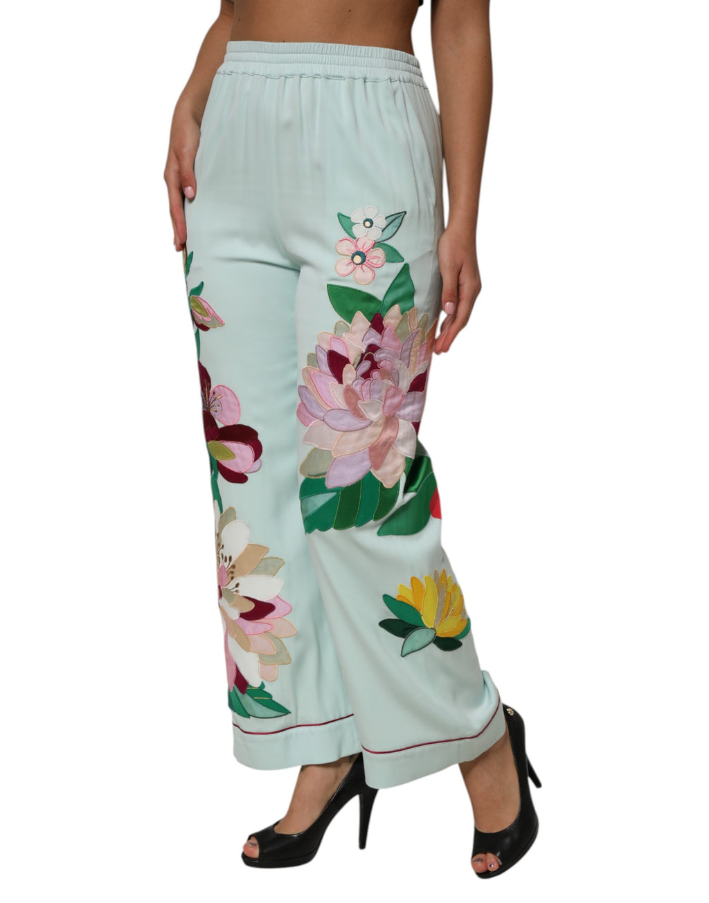 Dolce & Gabbana Grüne, geblümte, gerade Pyjamahose mit Strumpfband