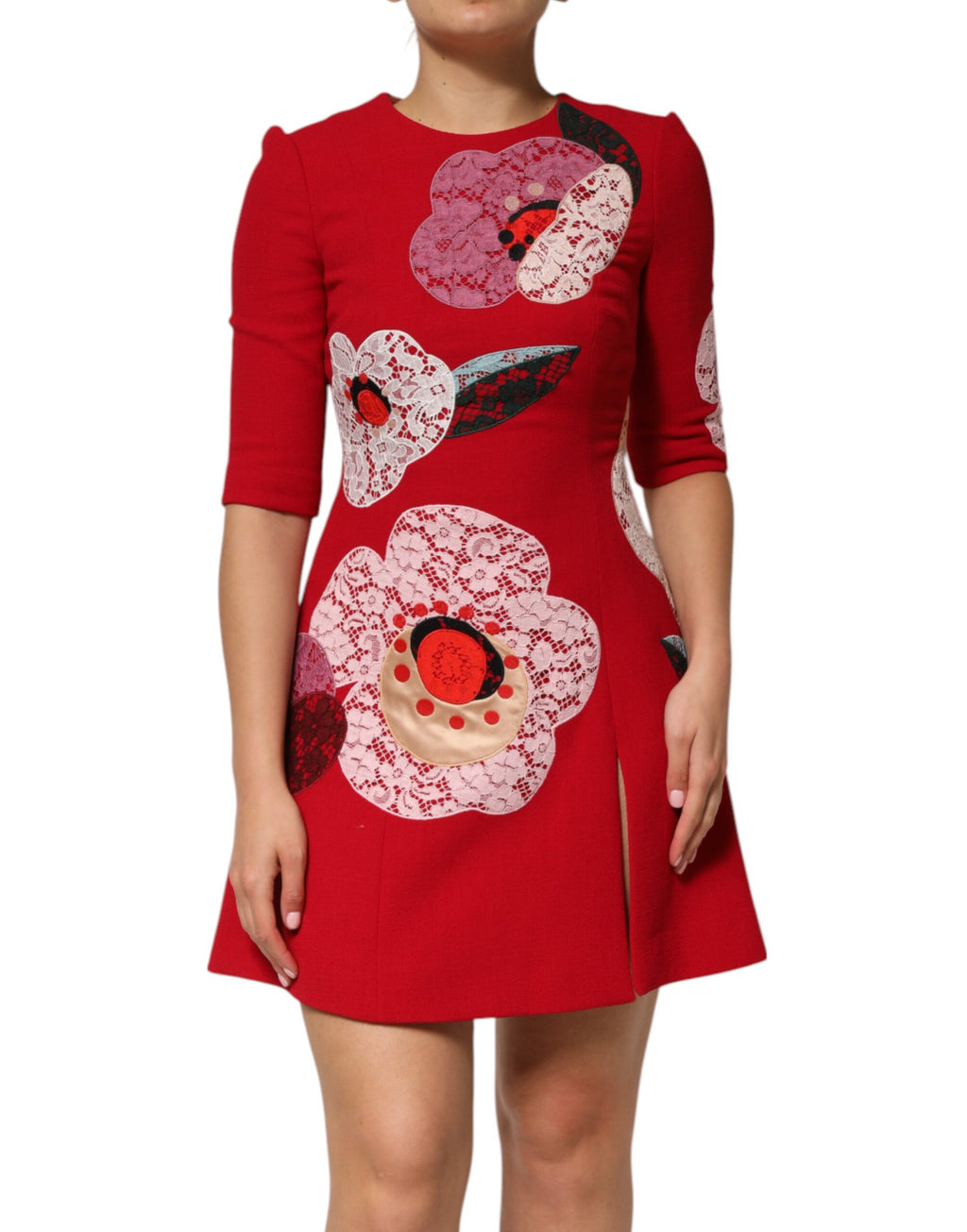 Dolce & Gabbana Red Lace Floral Appliqué A-line Mini Dress