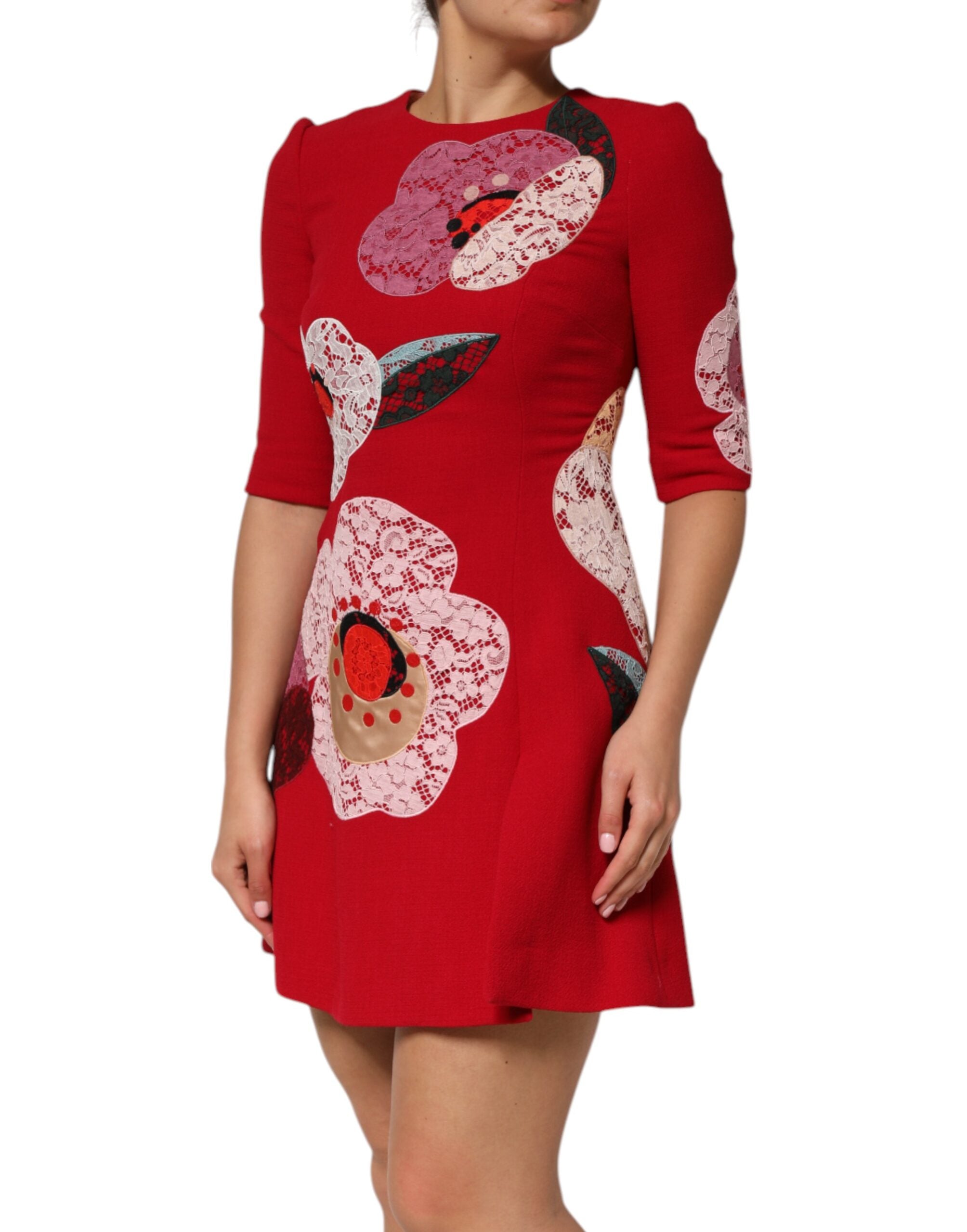 Dolce & Gabbana Red Lace Floral Appliqué A-line Mini Dress