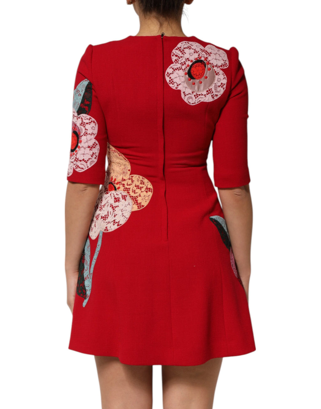 Dolce & Gabbana Red Lace Floral Appliqué A-line Mini Dress