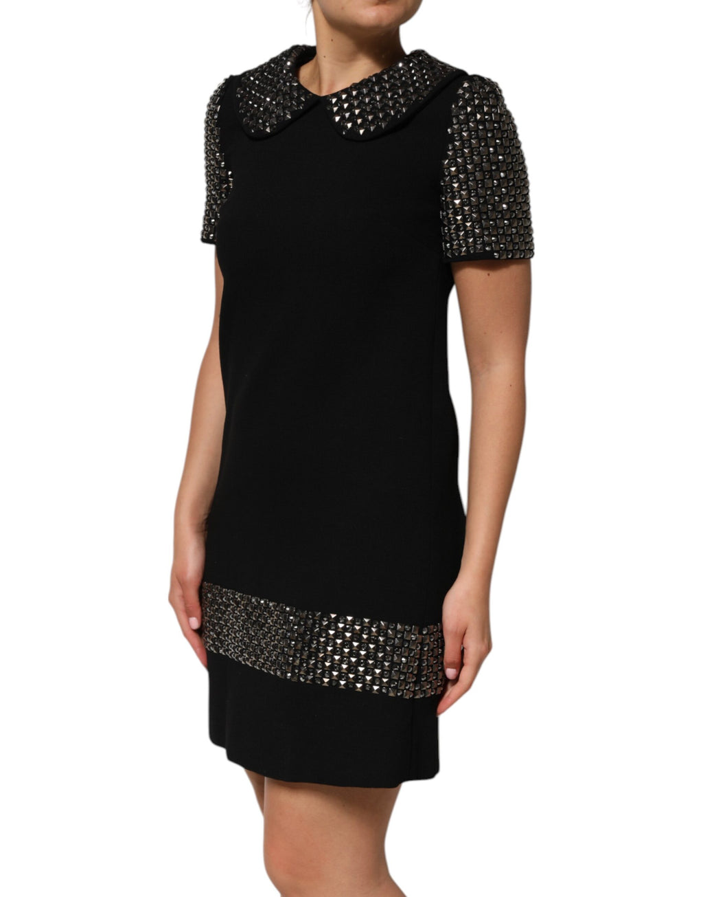 Dolce & Gabbana Schwarzes kristallverziertes Minikleid mit Kragen