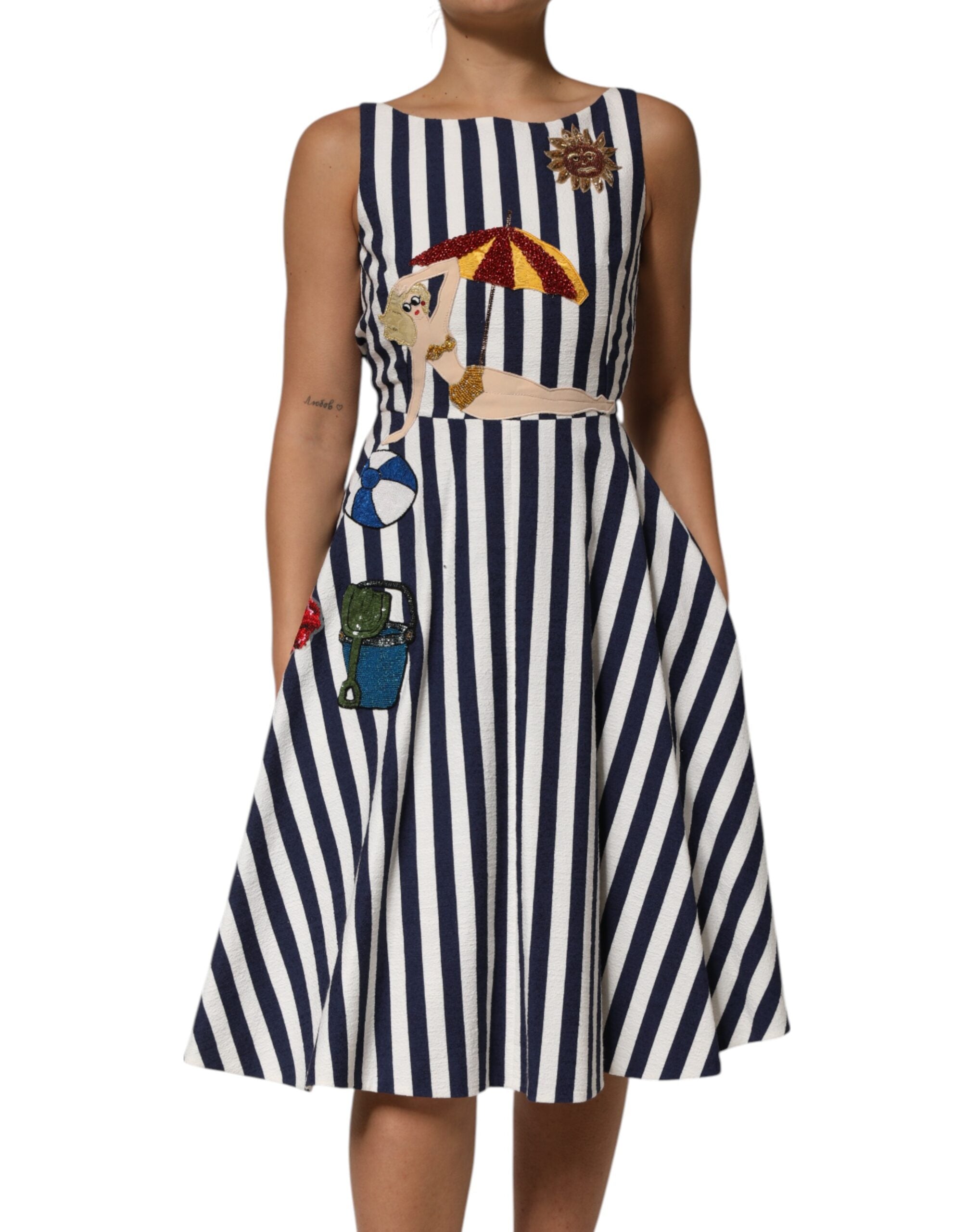 Dolce & Gabbana Blau-weiß gestreiftes, besticktes Kleid in A-Linie