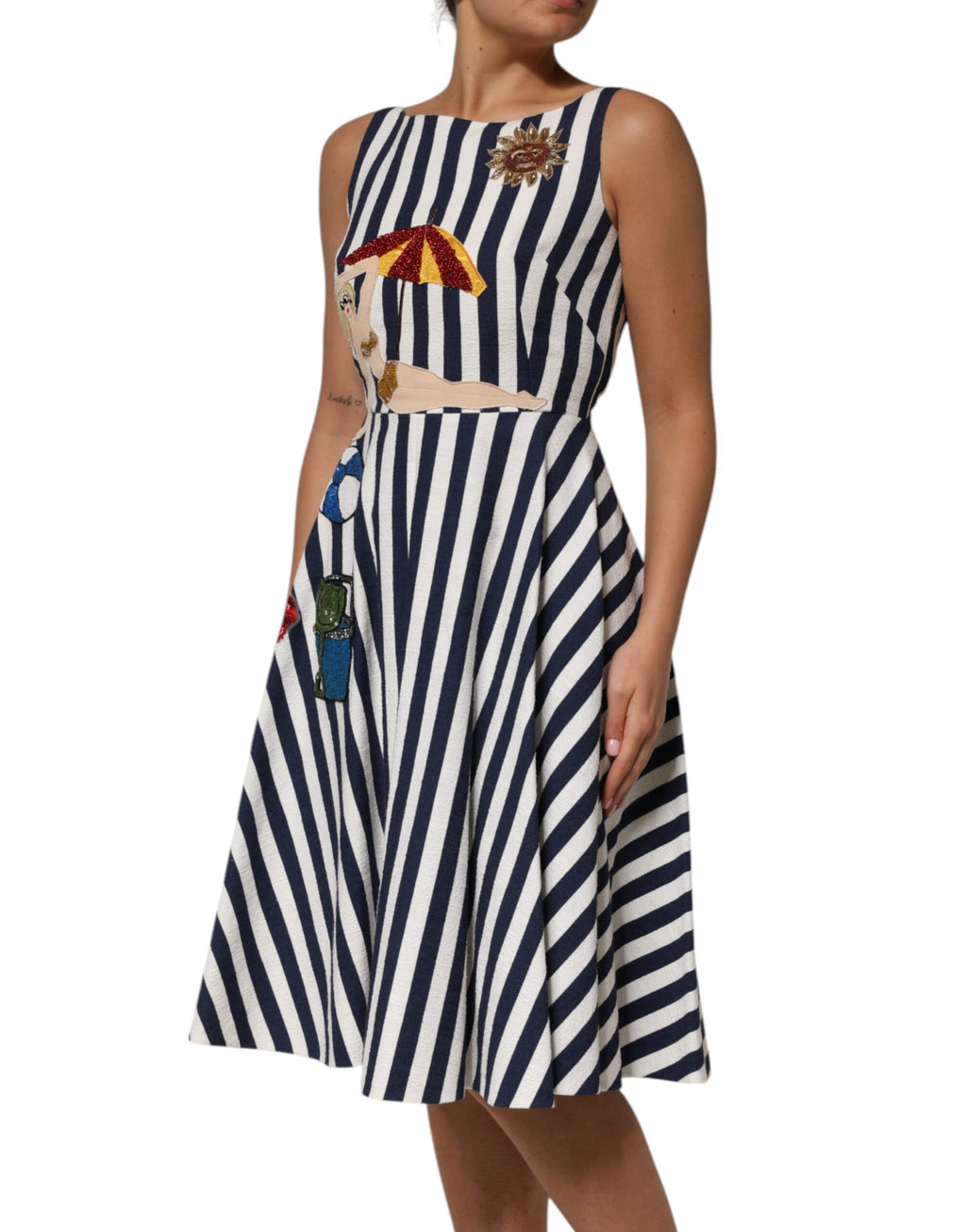 Dolce & Gabbana Blau-weiß gestreiftes, besticktes Kleid in A-Linie