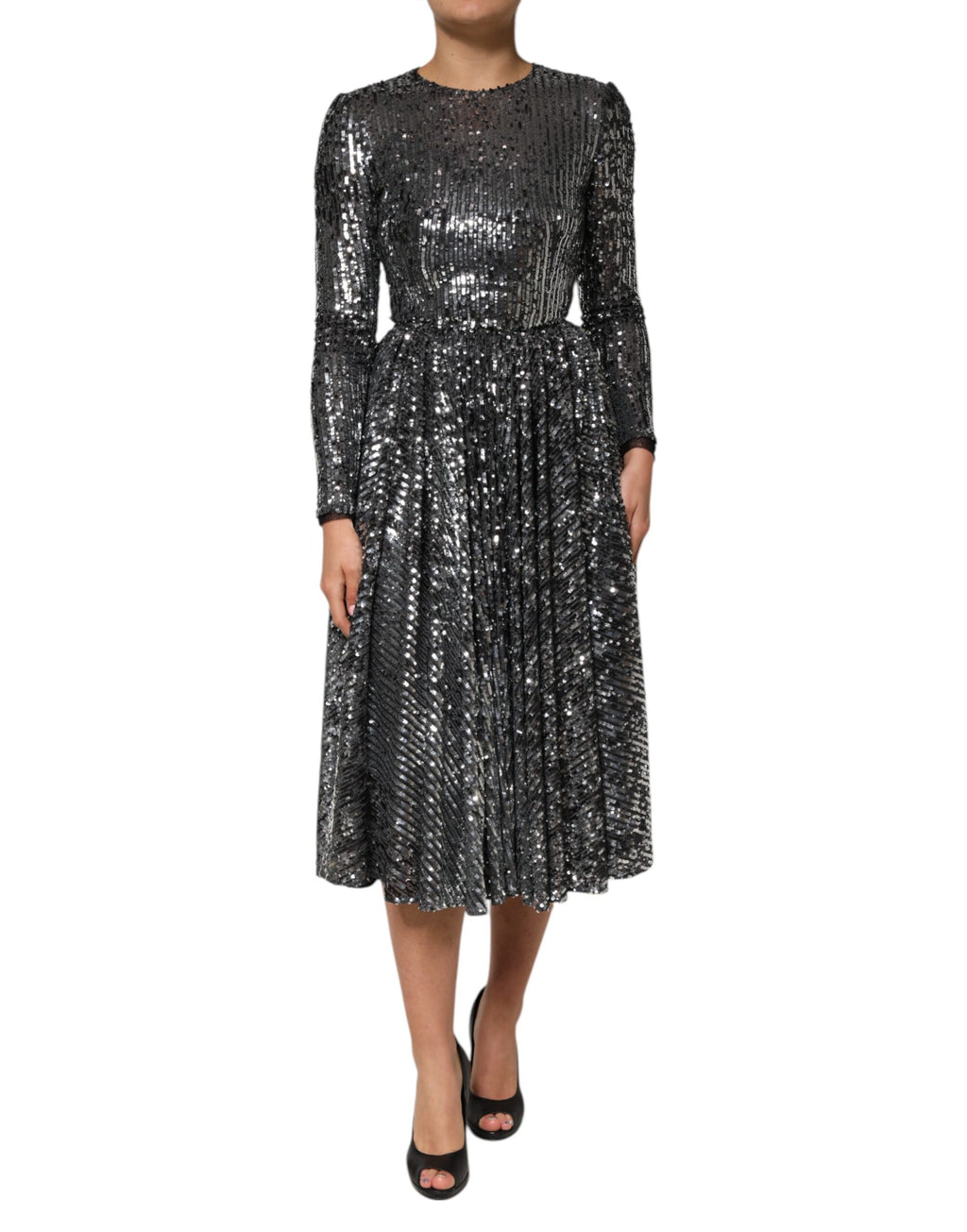 Dolce & Gabbana Schwarzes paillettenbesetztes Midi-Kleid mit langen Ärmeln und A-Linie