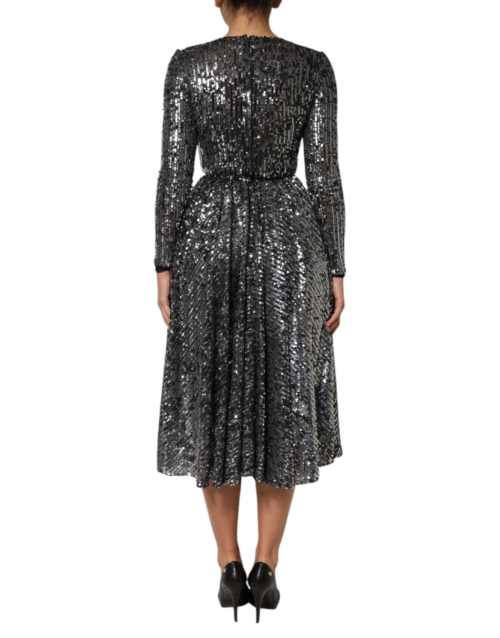 Dolce & Gabbana Schwarzes paillettenbesetztes Midi-Kleid mit langen Ärmeln und A-Linie