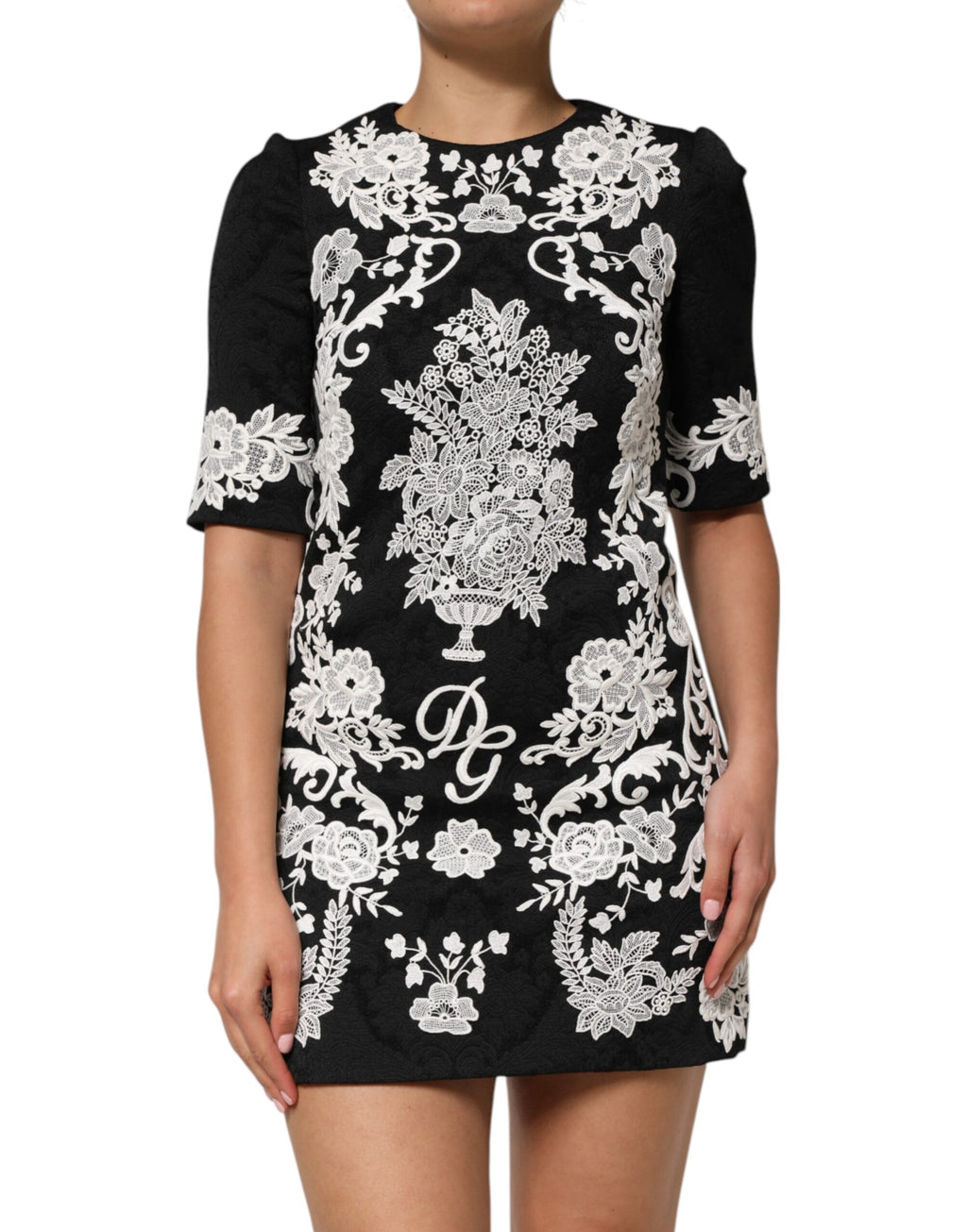 Dolce & Gabbana Black A-Line Dress with Short Sleeves and Lace Trim