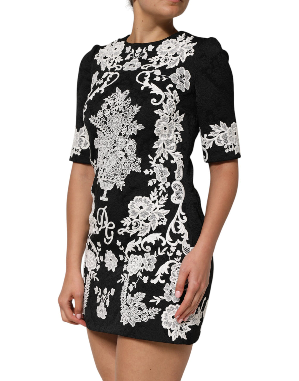 Dolce & Gabbana Black A-Line Dress with Short Sleeves and Lace Trim