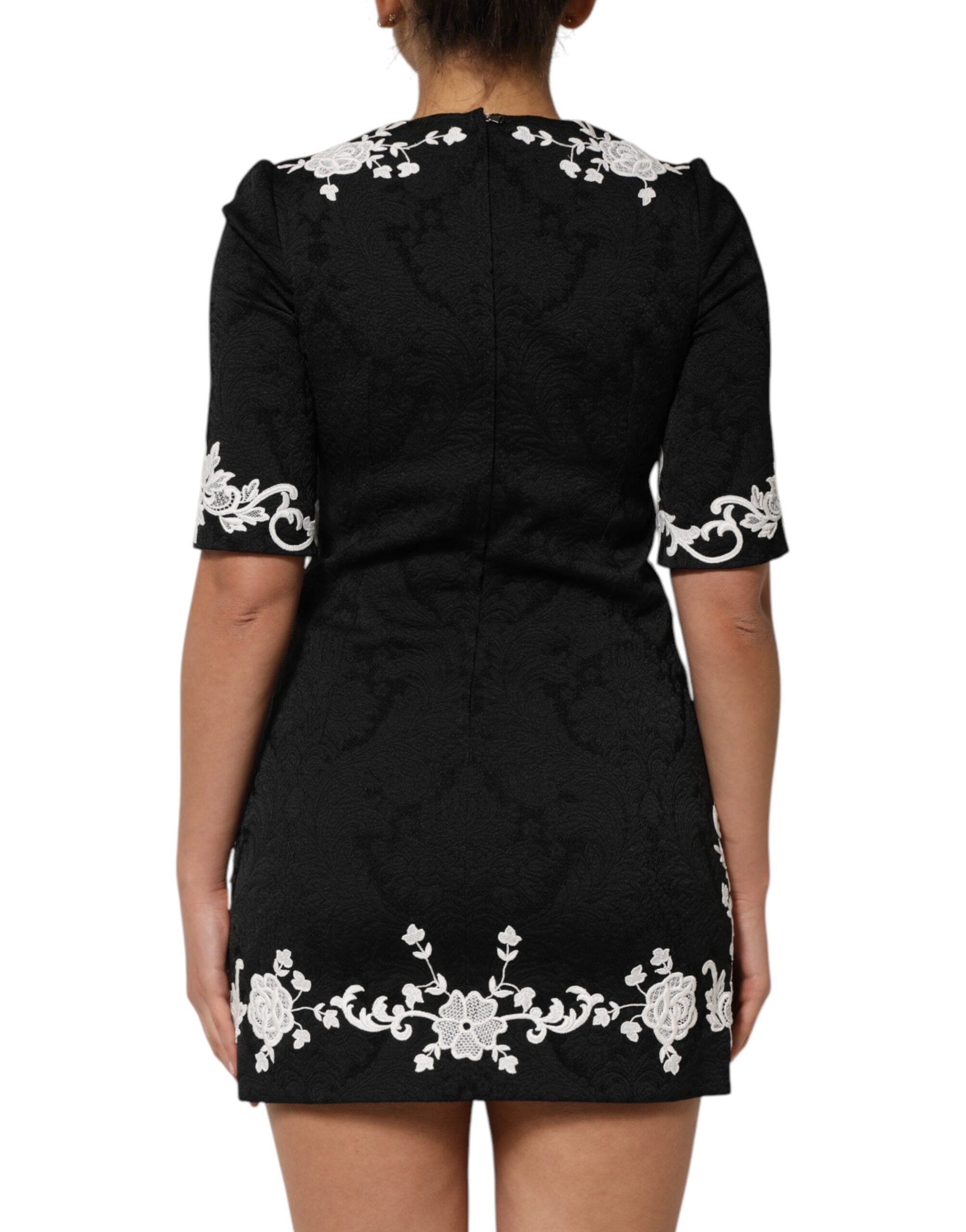 Dolce & Gabbana Black A-Line Dress with Short Sleeves and Lace Trim