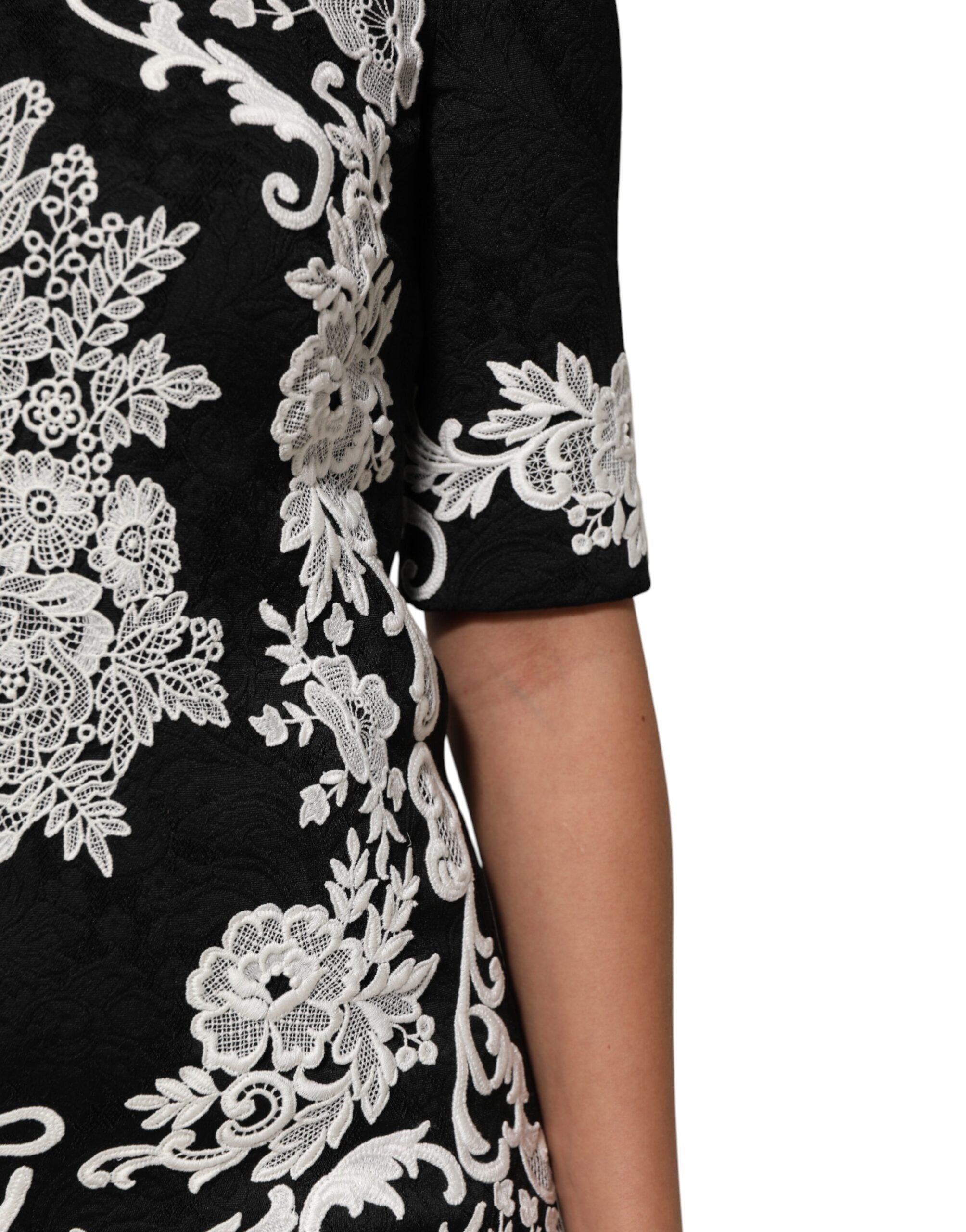 Dolce & Gabbana Black A-Line Dress with Short Sleeves and Lace Trim