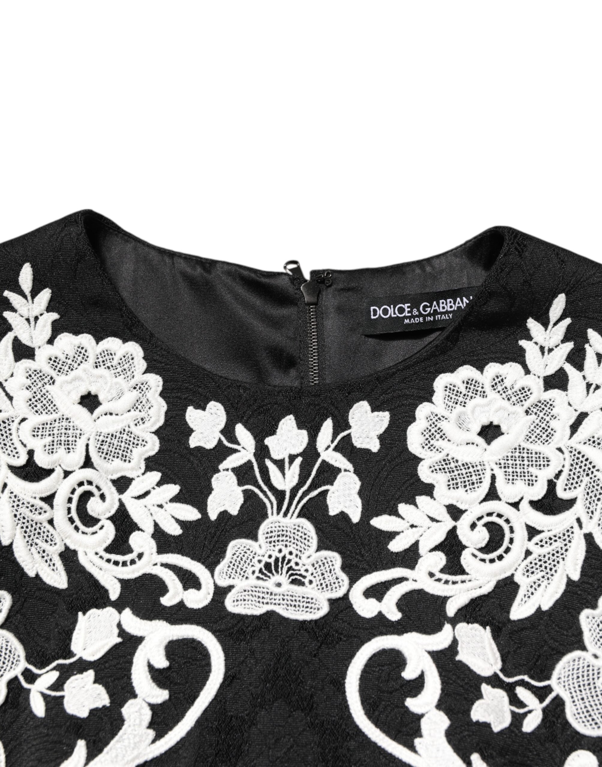 Dolce & Gabbana Black A-Line Dress with Short Sleeves and Lace Trim