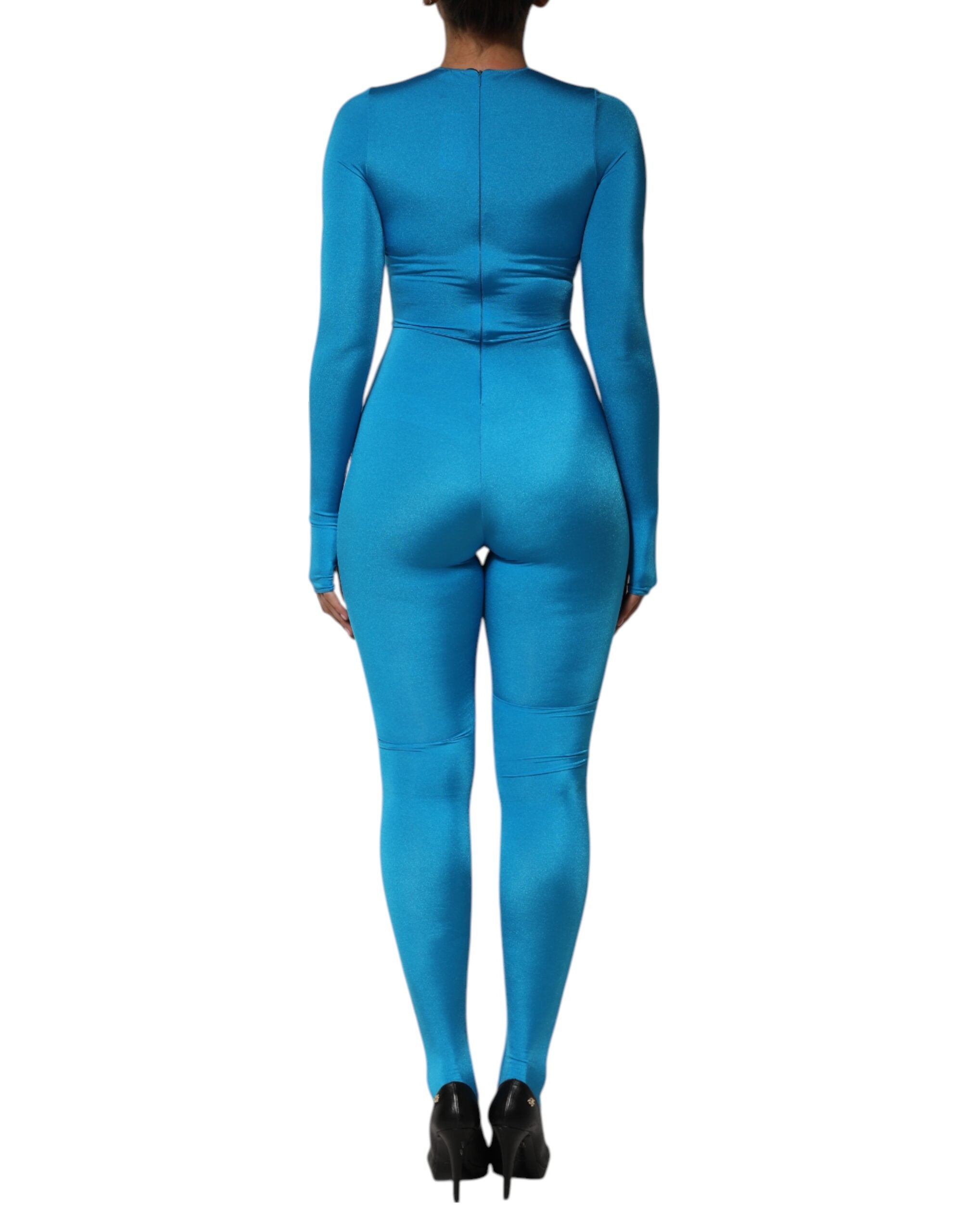 Dolce & Gabbana Blauer Nylon Rundhalsausschnitt Bodycon Jumpsuit Kleid
