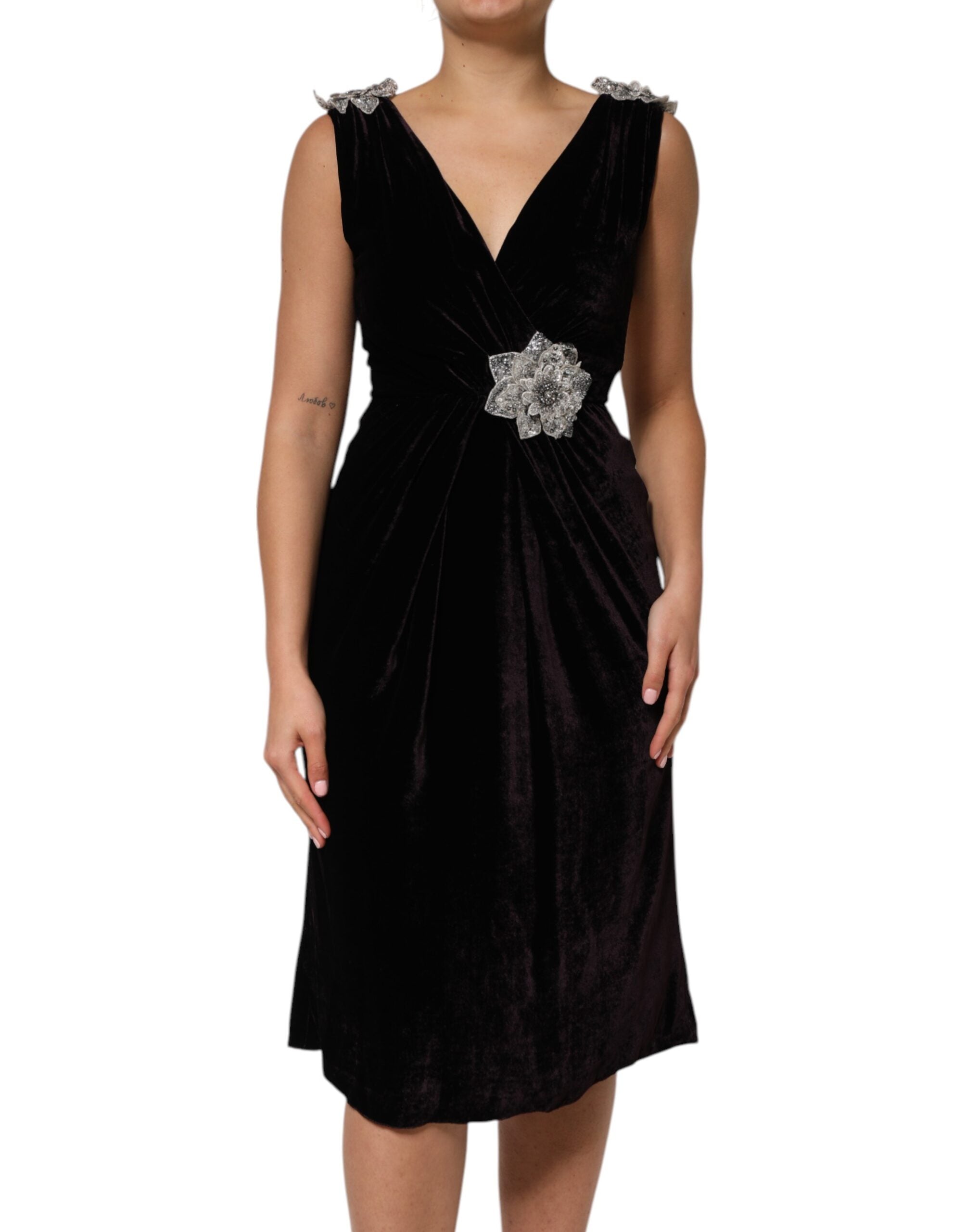 Dolce & Gabbana Schwarzes Samtkleid mit Blumenverzierung Aline