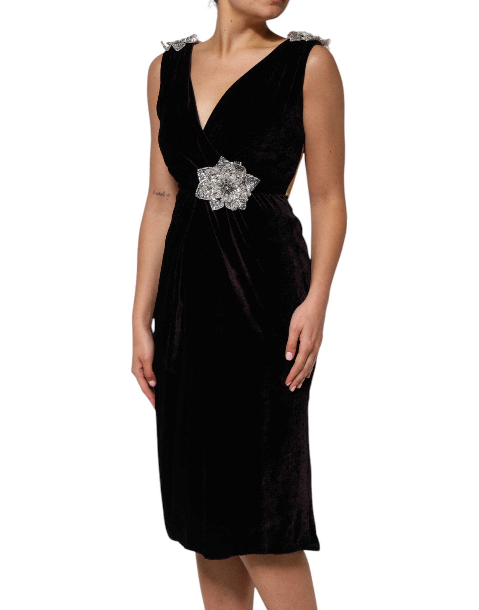 Dolce & Gabbana Schwarzes Samtkleid mit Blumenverzierung Aline
