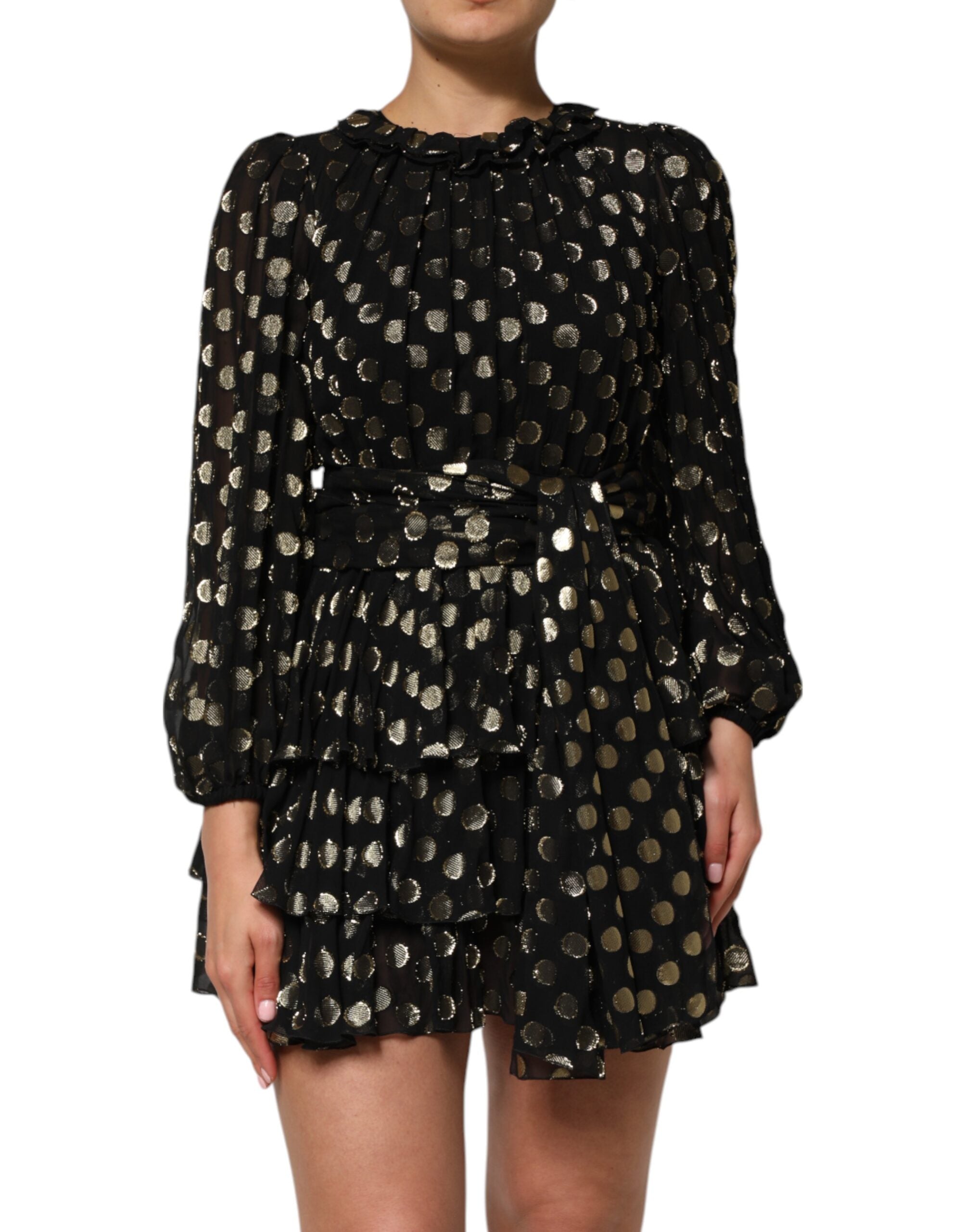 Dolce & Gabbana Schwarz-Gold gepunktetes Minikleid aus Seidenbrokat