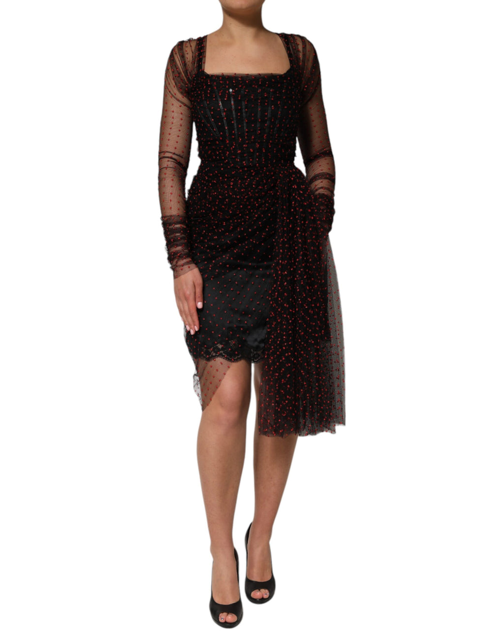 Dolce & Gabbana Black Long Sleeve Lace Trim Sheath Dress