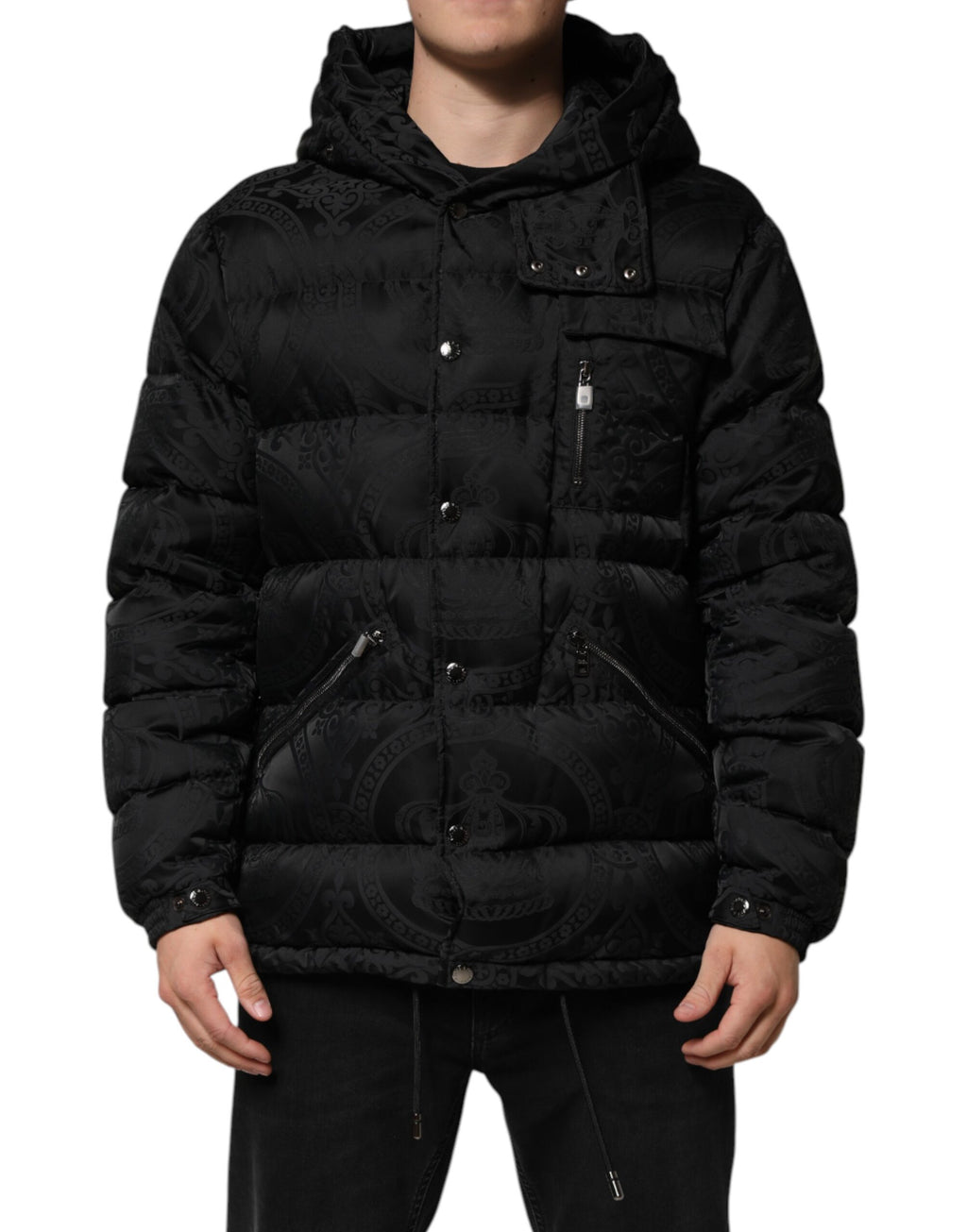 Dolce & Gabbana Black Quilted Jacquard Hooded Jacket