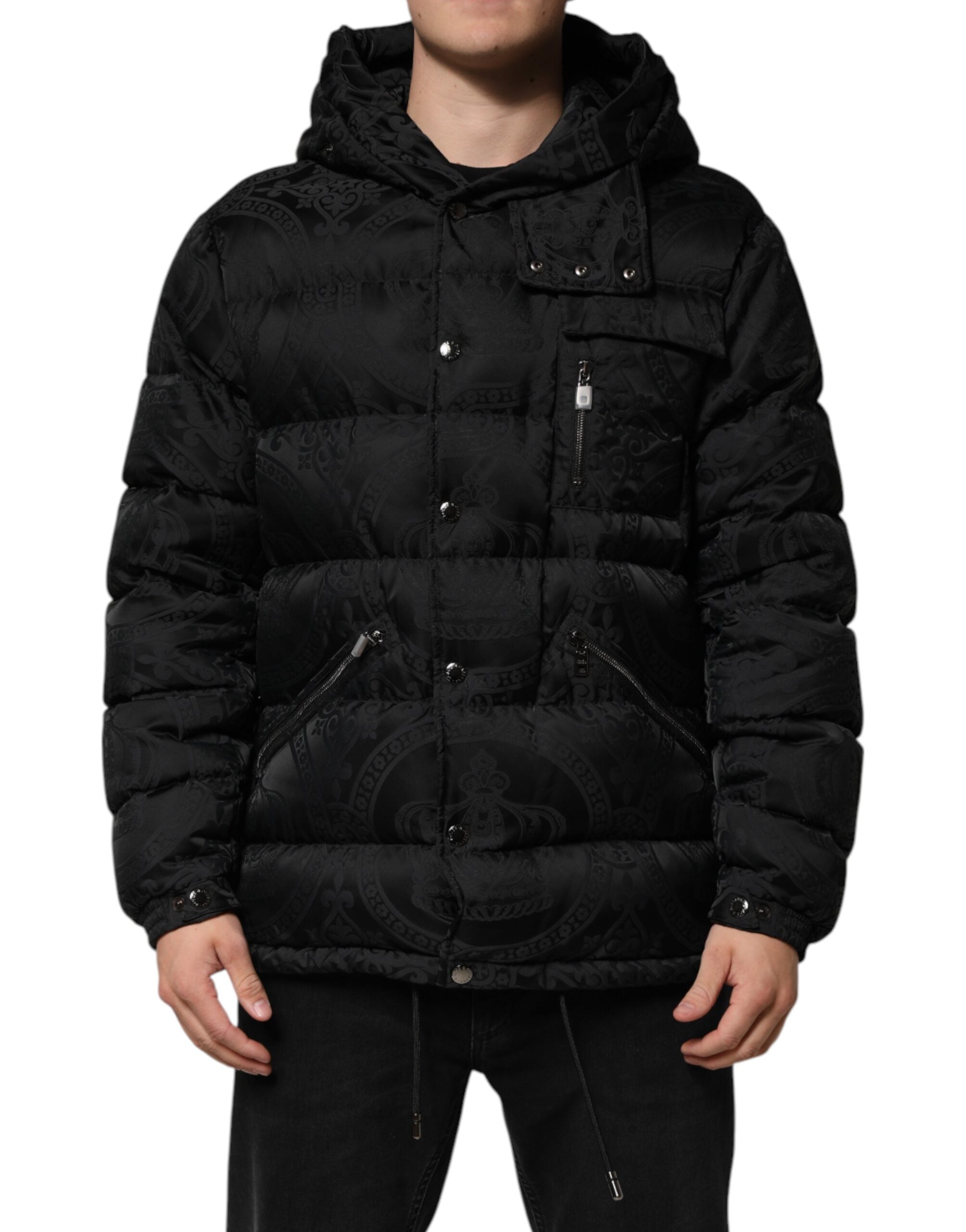 Dolce & Gabbana Black Quilted Jacquard Hooded Jacket