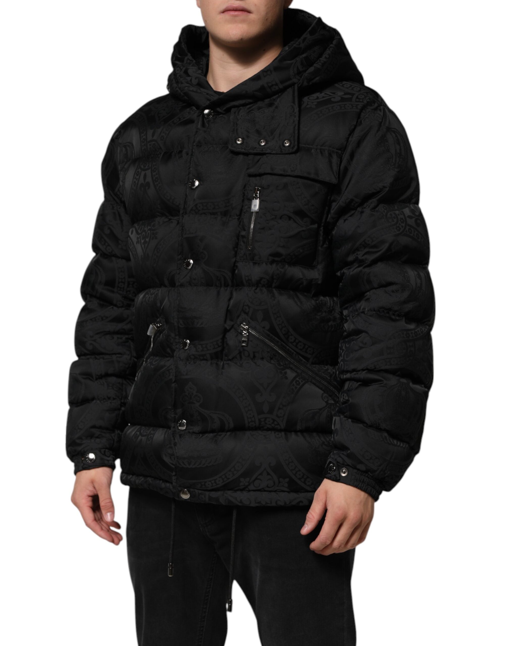 Dolce & Gabbana Black Quilted Jacquard Hooded Jacket