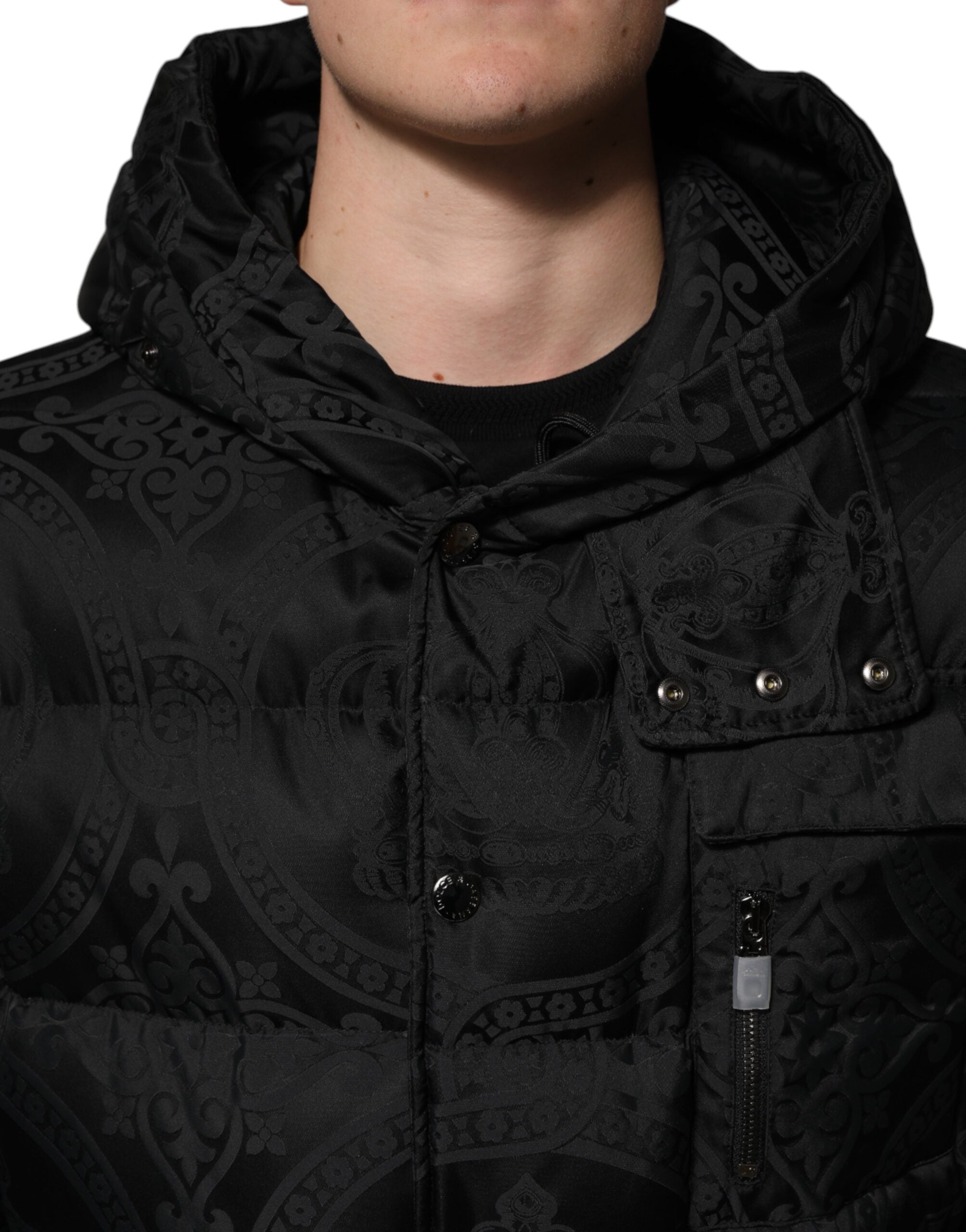 Dolce & Gabbana Black Quilted Jacquard Hooded Jacket