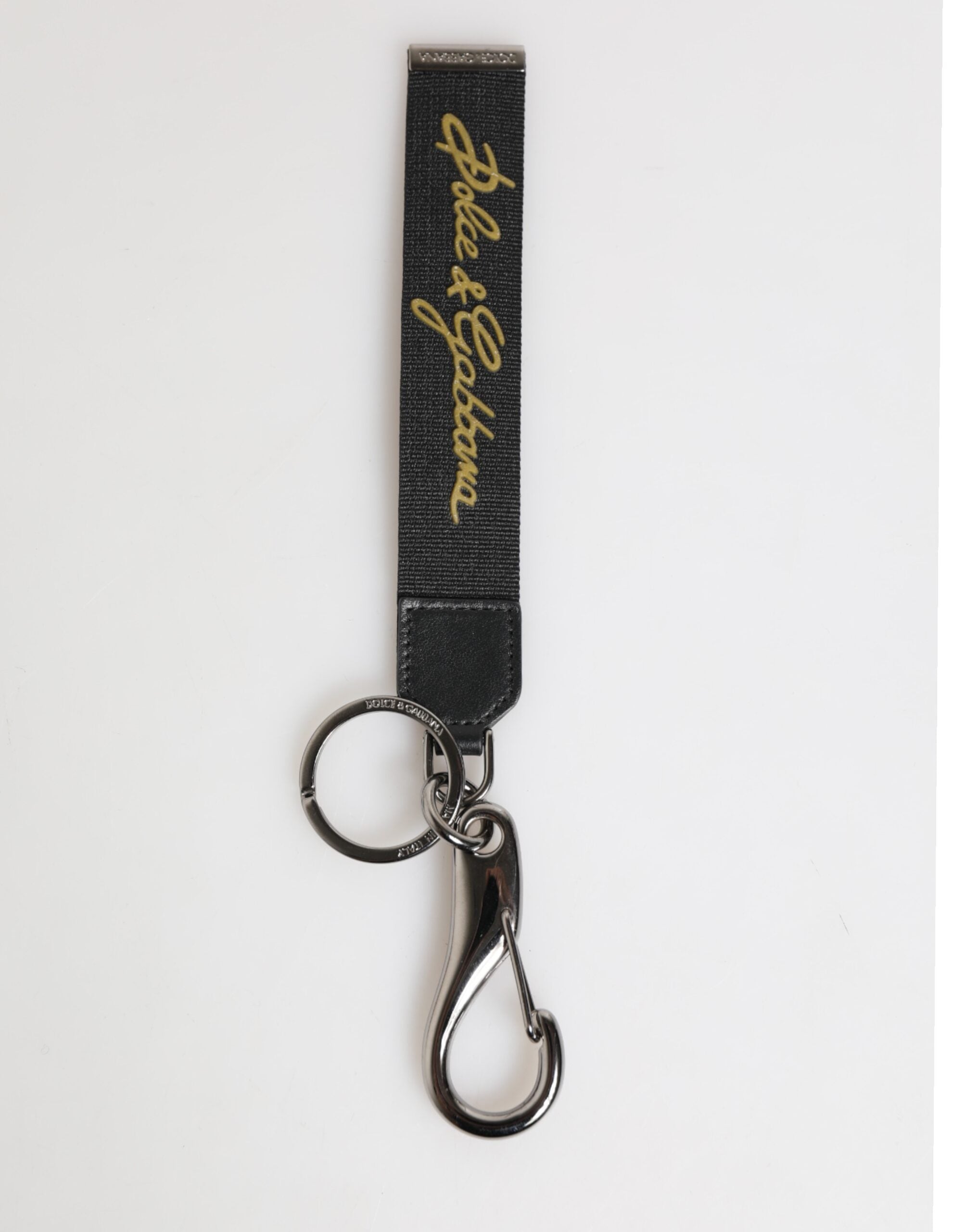 Dolce & Gabbana Black Yellow Polyester DG Logo Silver Keychain Key Ring