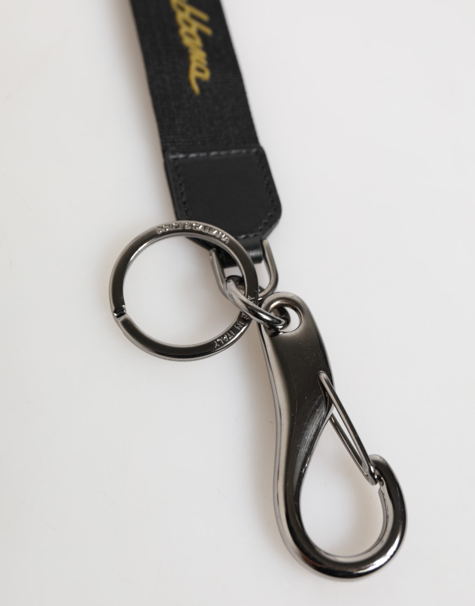 Dolce & Gabbana Black Yellow Polyester DG Logo Silver Keychain Key Ring