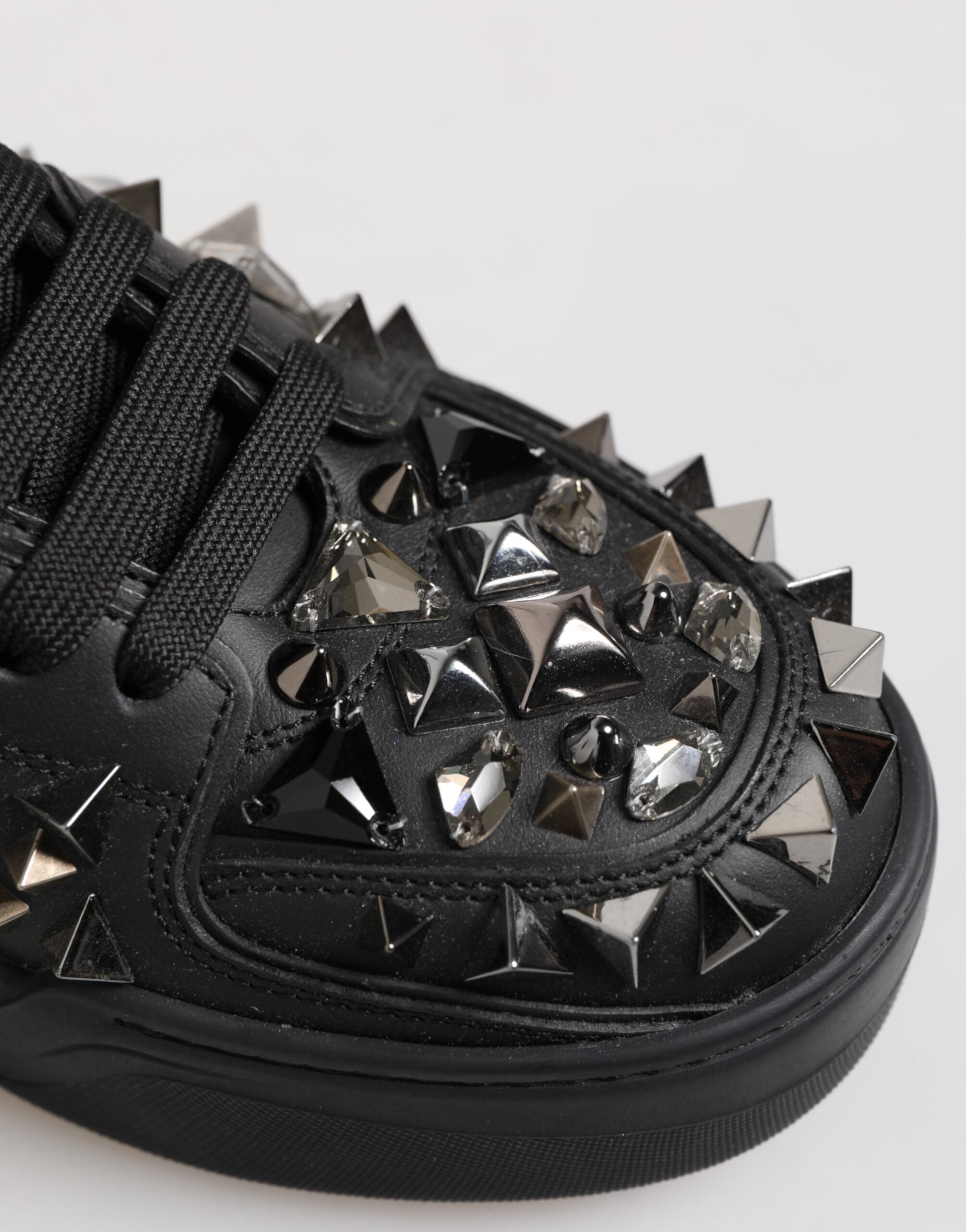 Dolce & Gabbana Black Leather Studded Low Top Sneakers Shoes