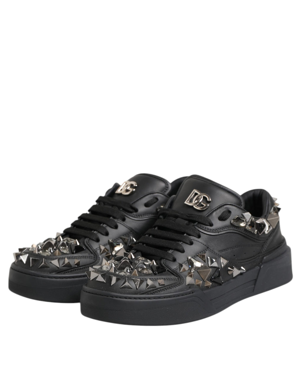 Dolce & Gabbana Schwarze Leder Nieten Low Top Sneakers Schuhe