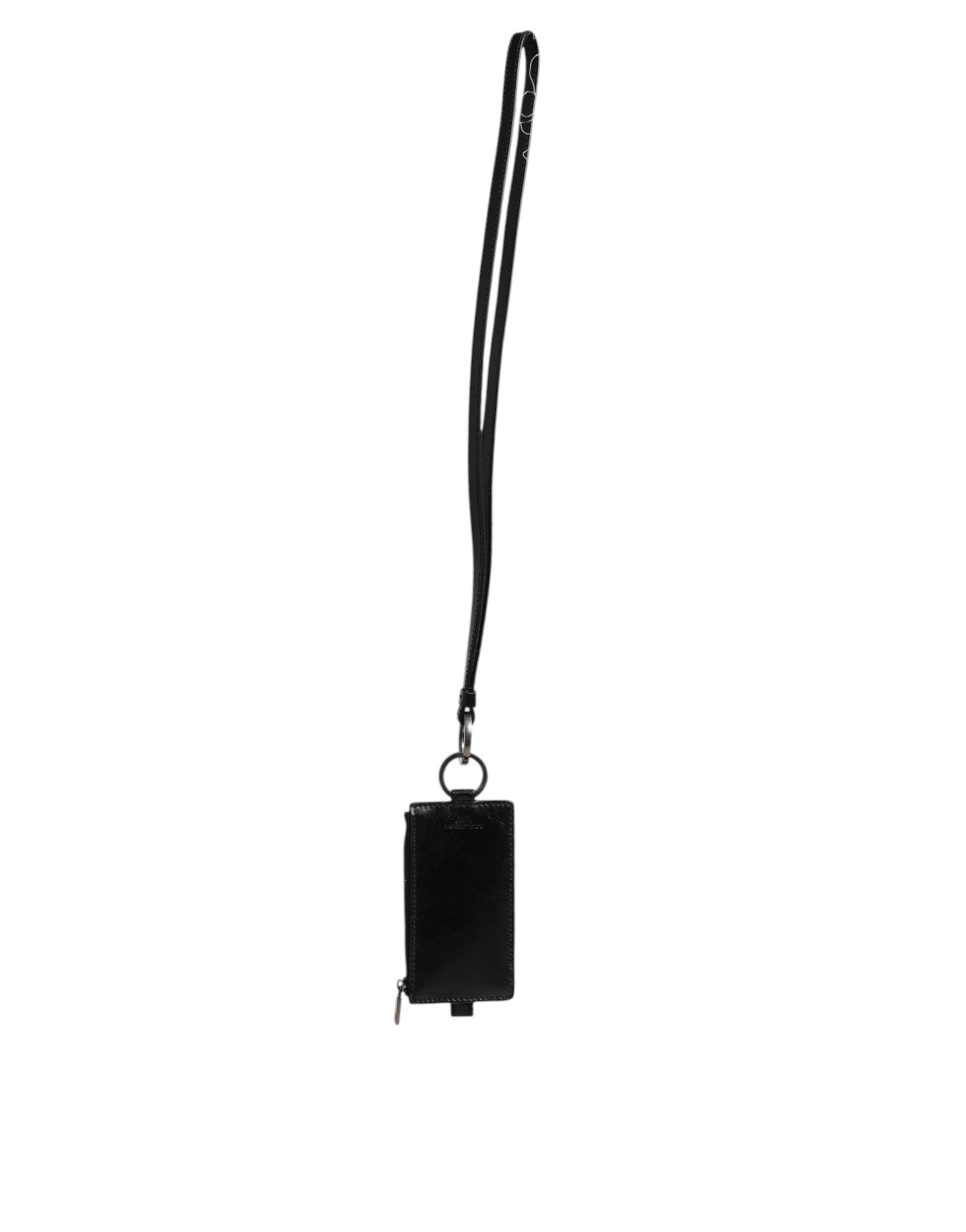 Dolce & Gabbana Black Leather Logo-Embossed Lanyard Card Holder Wallet